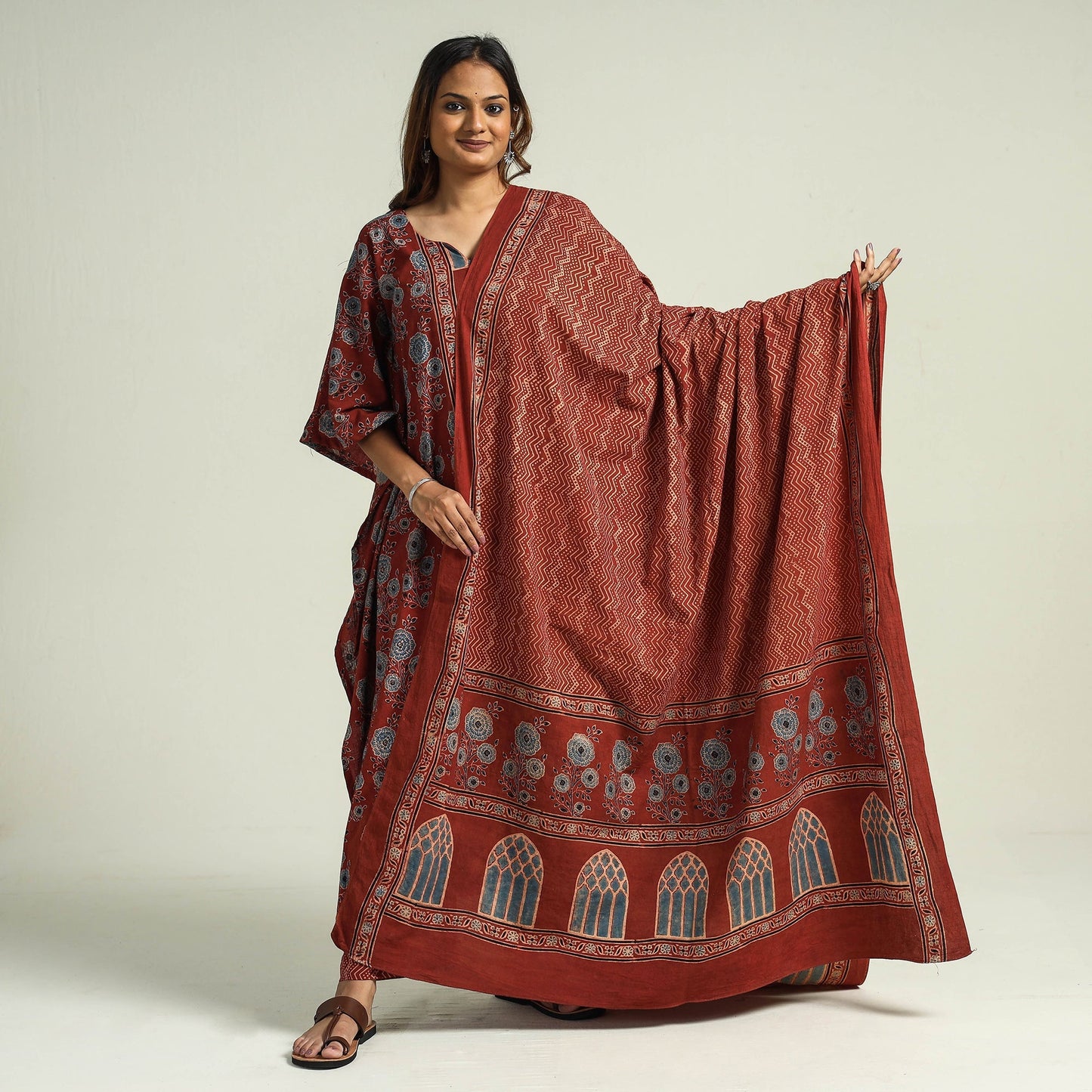Ajrakh Kaftan with Palazzo & Dupatta Set