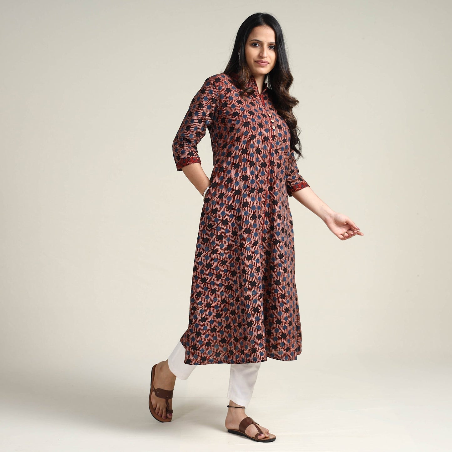 Buy Ajrakh Block Printed Cotton Long Kurta for Women