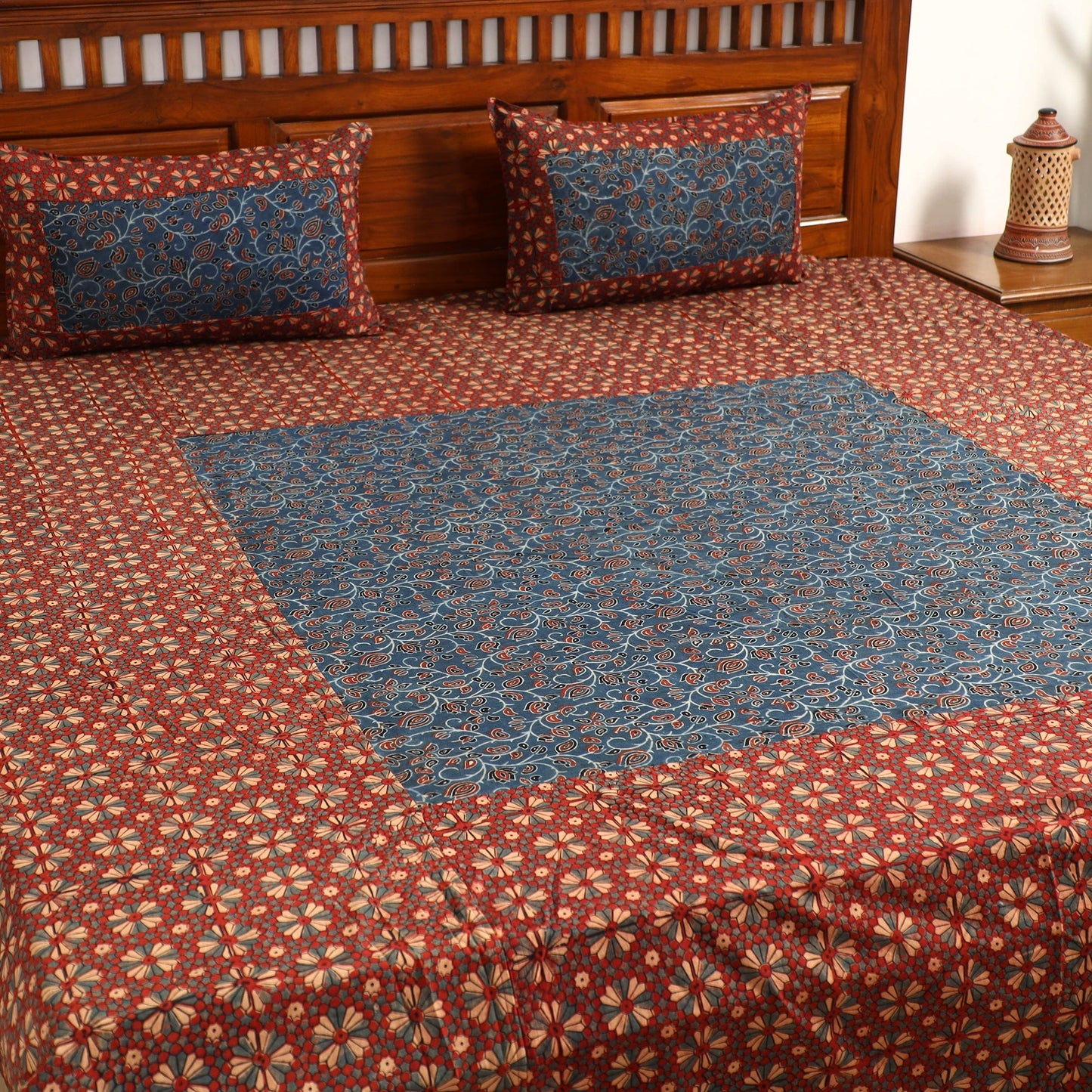 Ajrakh Block Printed Patchwork Cotton Double Bed Cover with Pillow Covers