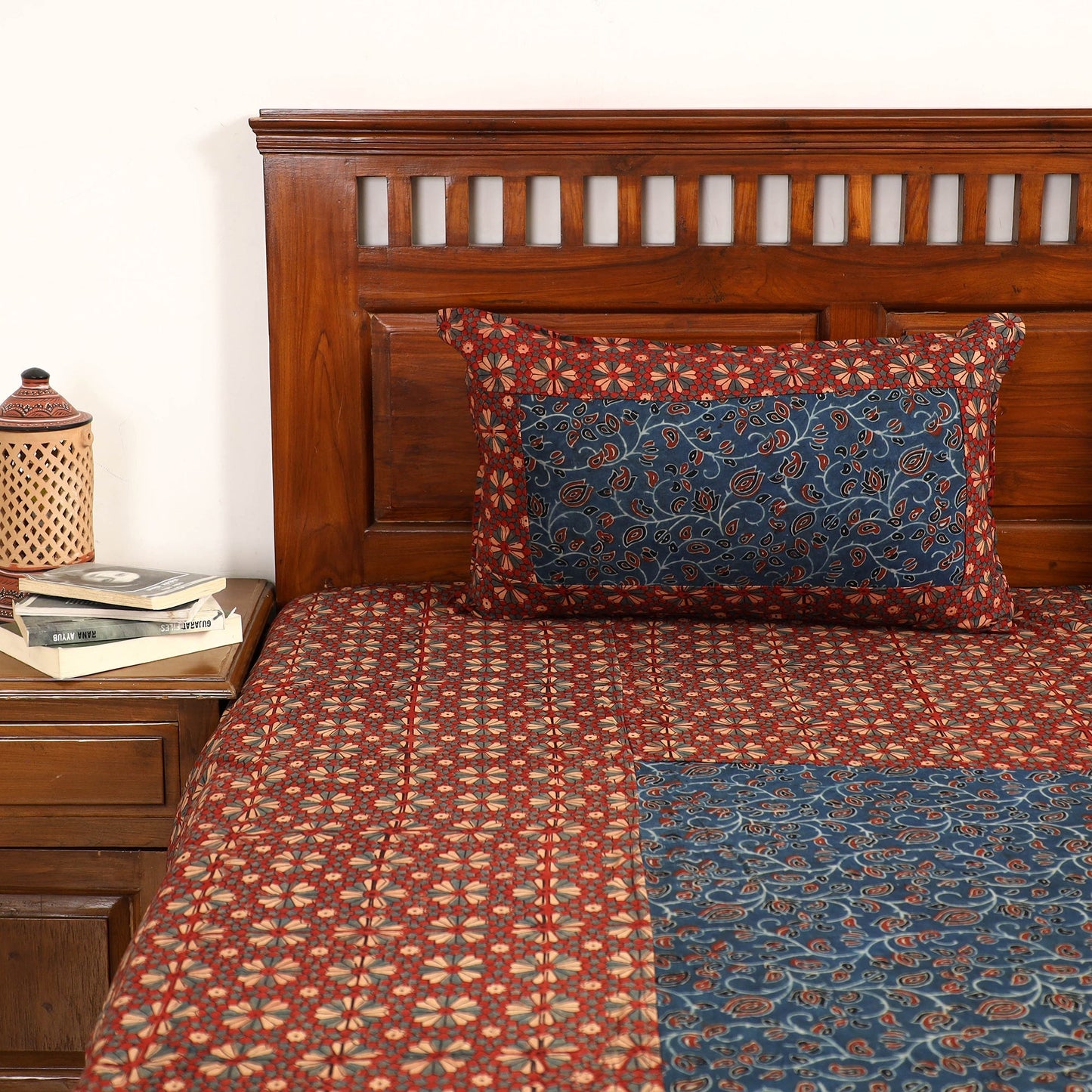Ajrakh Block Printed Patchwork Cotton Double Bed Cover with Pillow Covers