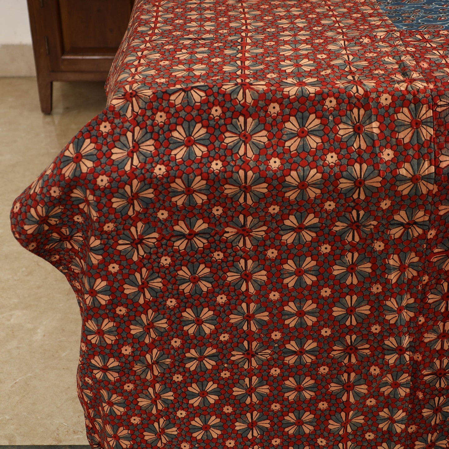 Ajrakh Block Printed Patchwork Cotton Double Bed Cover with Pillow Covers