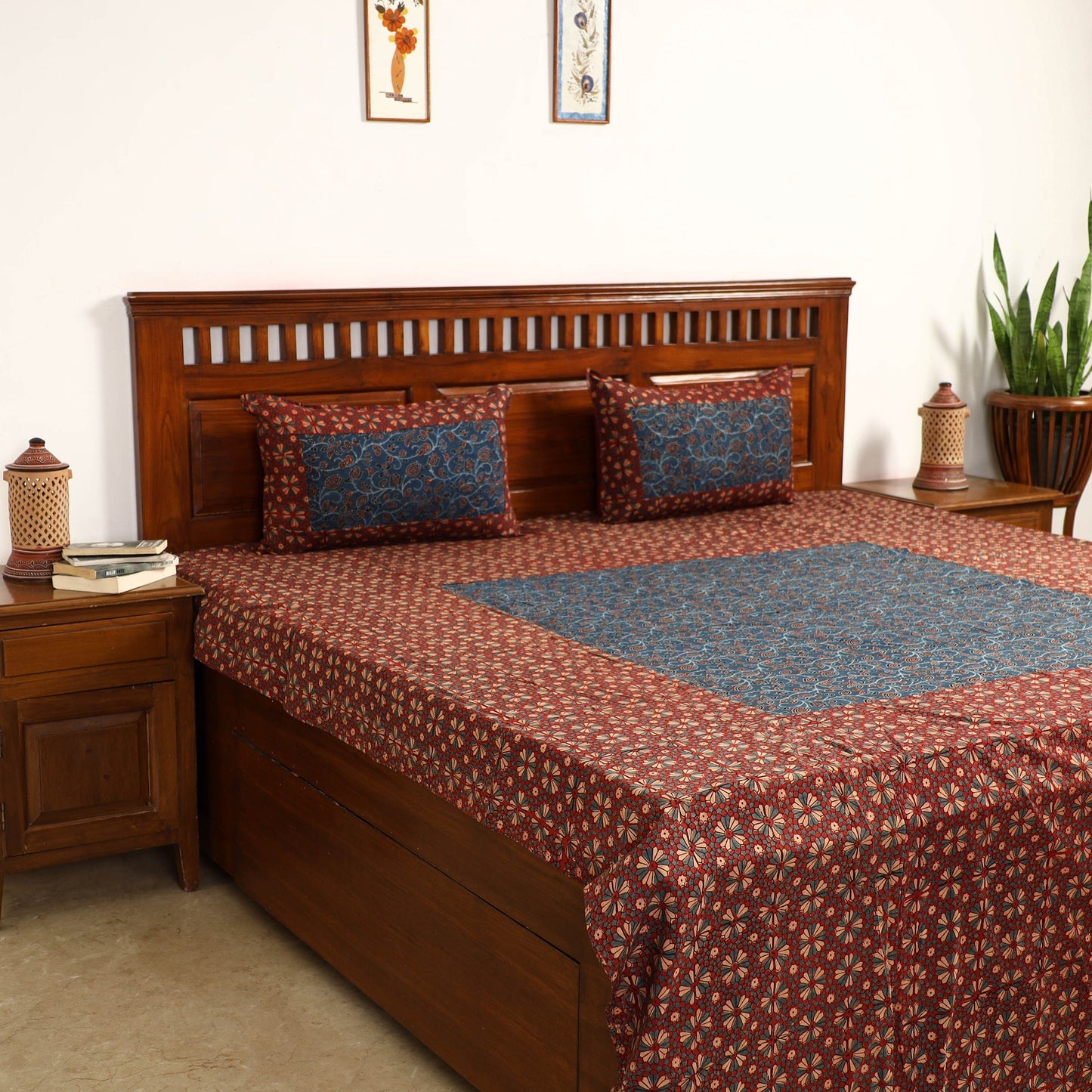 Ajrakh Block Printed Patchwork Cotton Double Bed Cover with Pillow Covers