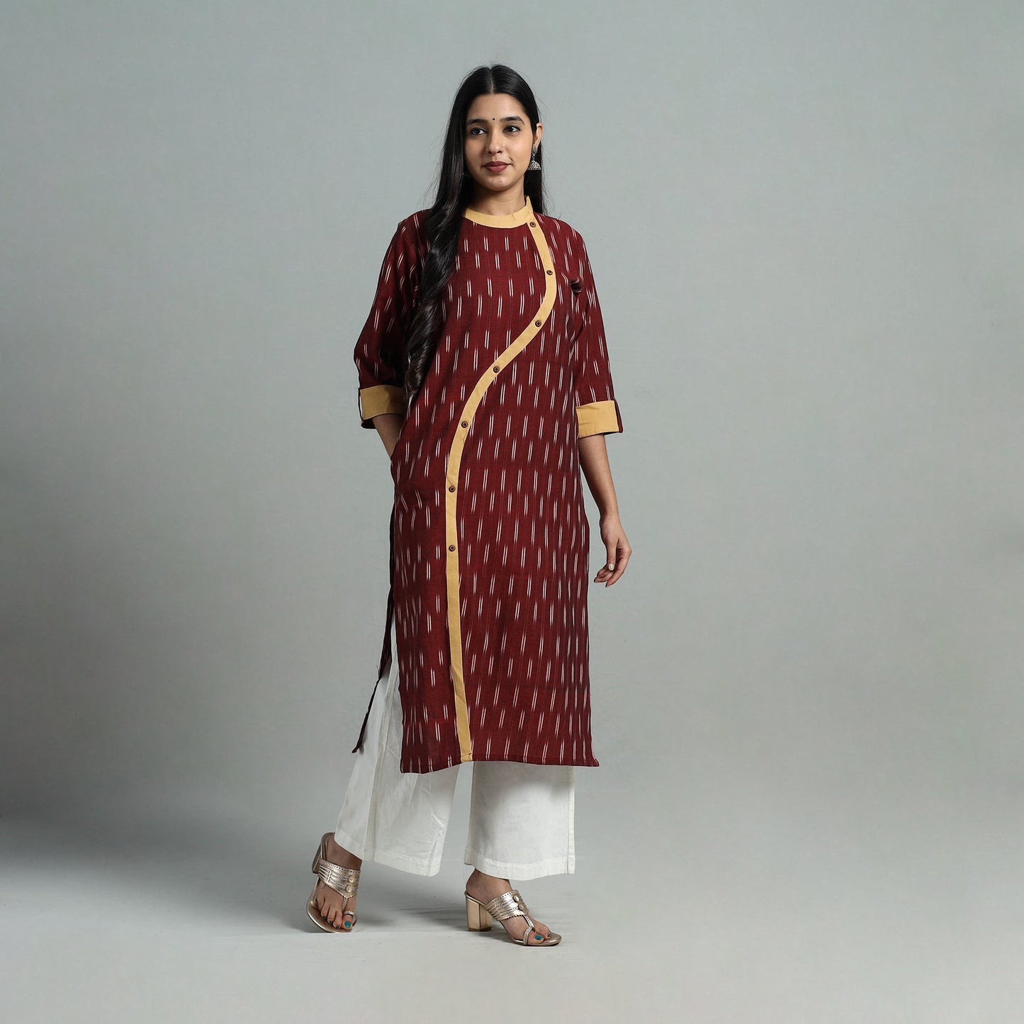 Maroon Angrakha Cotton Straight Pochampally Ikat Kurta