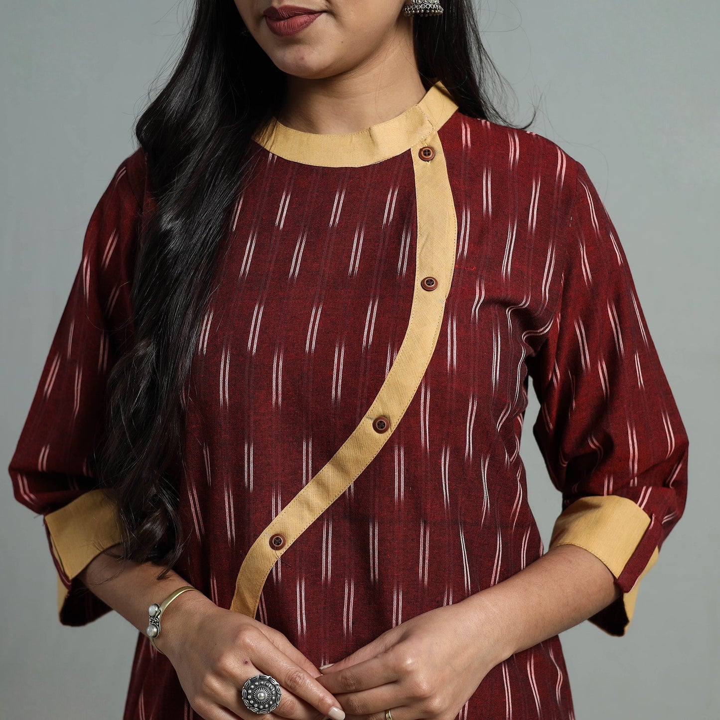 Maroon Angrakha Cotton Straight Pochampally Ikat Kurta