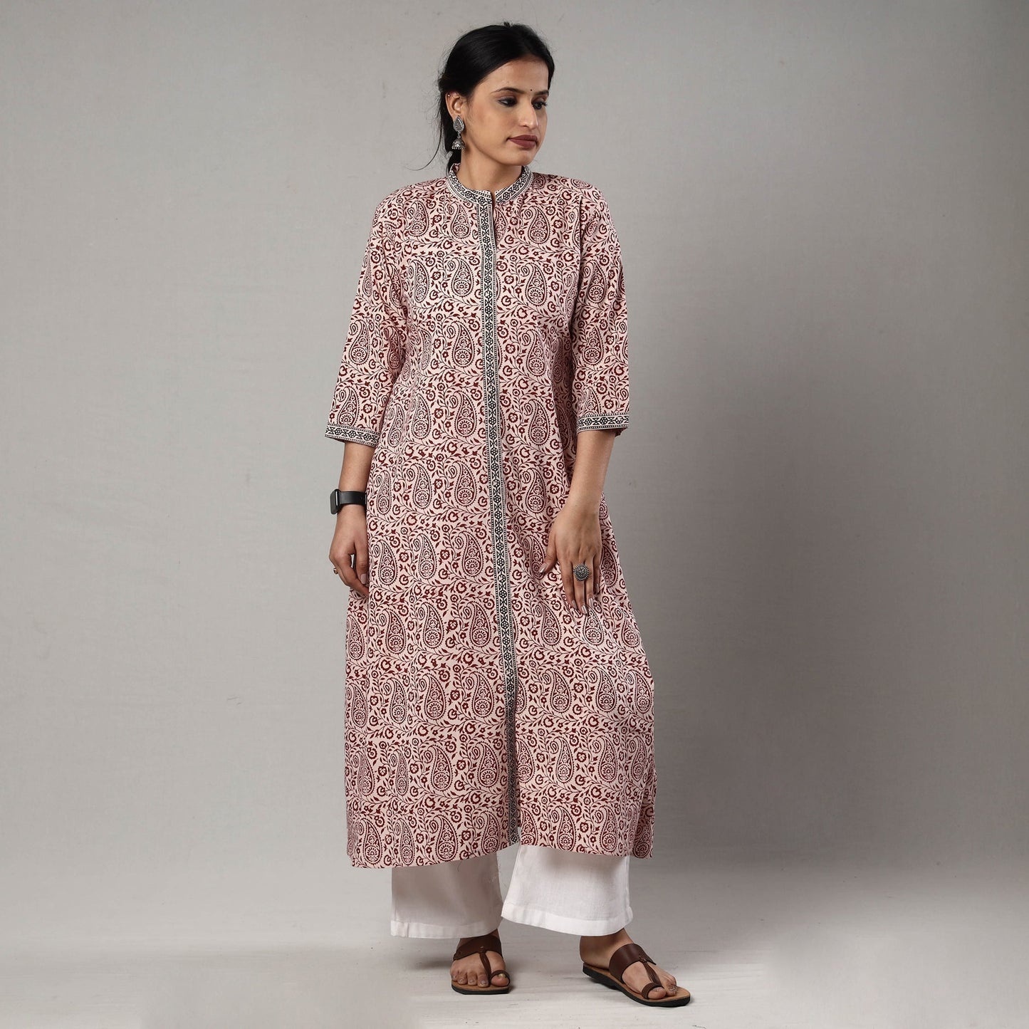 White & red bagh printing cotton long kurta - handcrafted