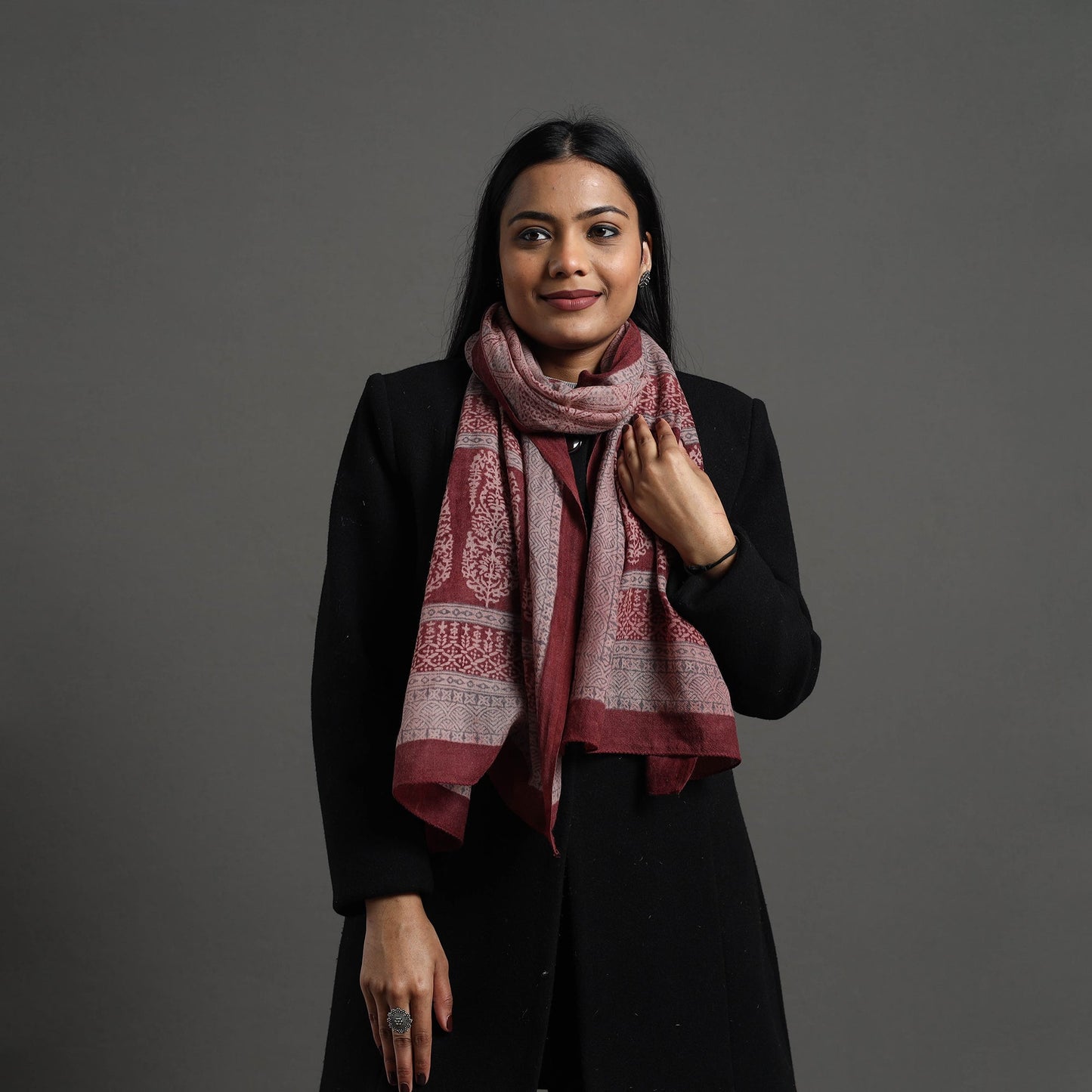 Maroon - bagh hand printed merino woollen stole 65
