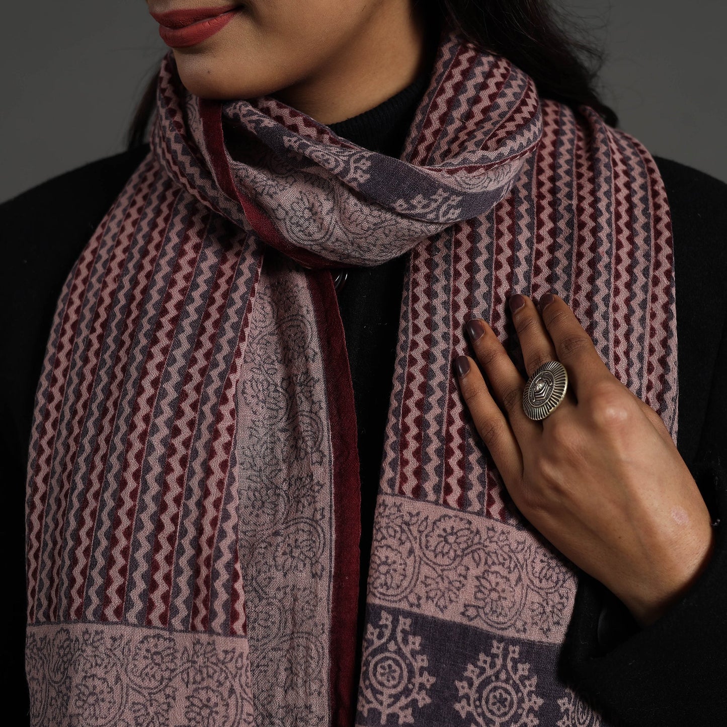 Maroon Bagh Hand Block Printed Woollen Stole
