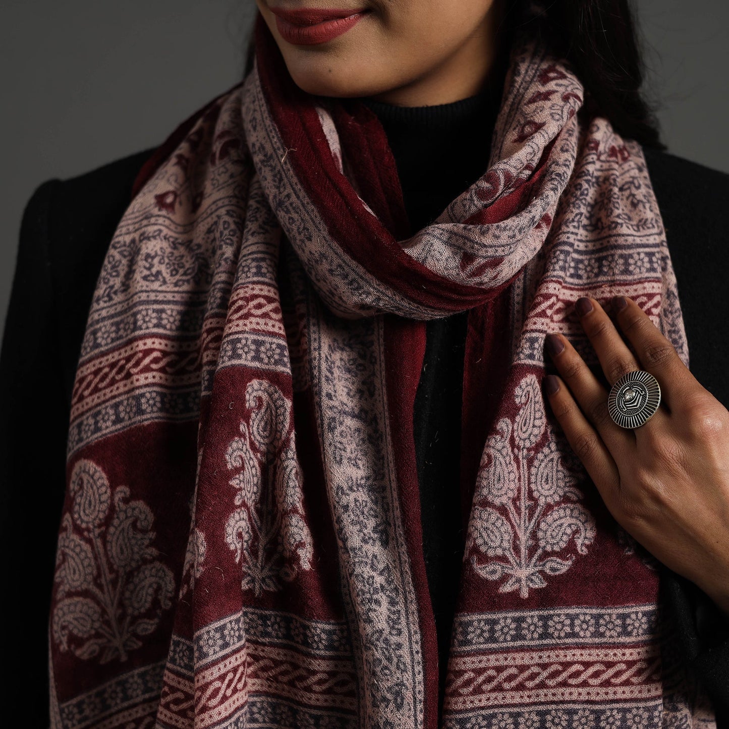 Maroon Bagh Hand Block Printed Woollen Stole