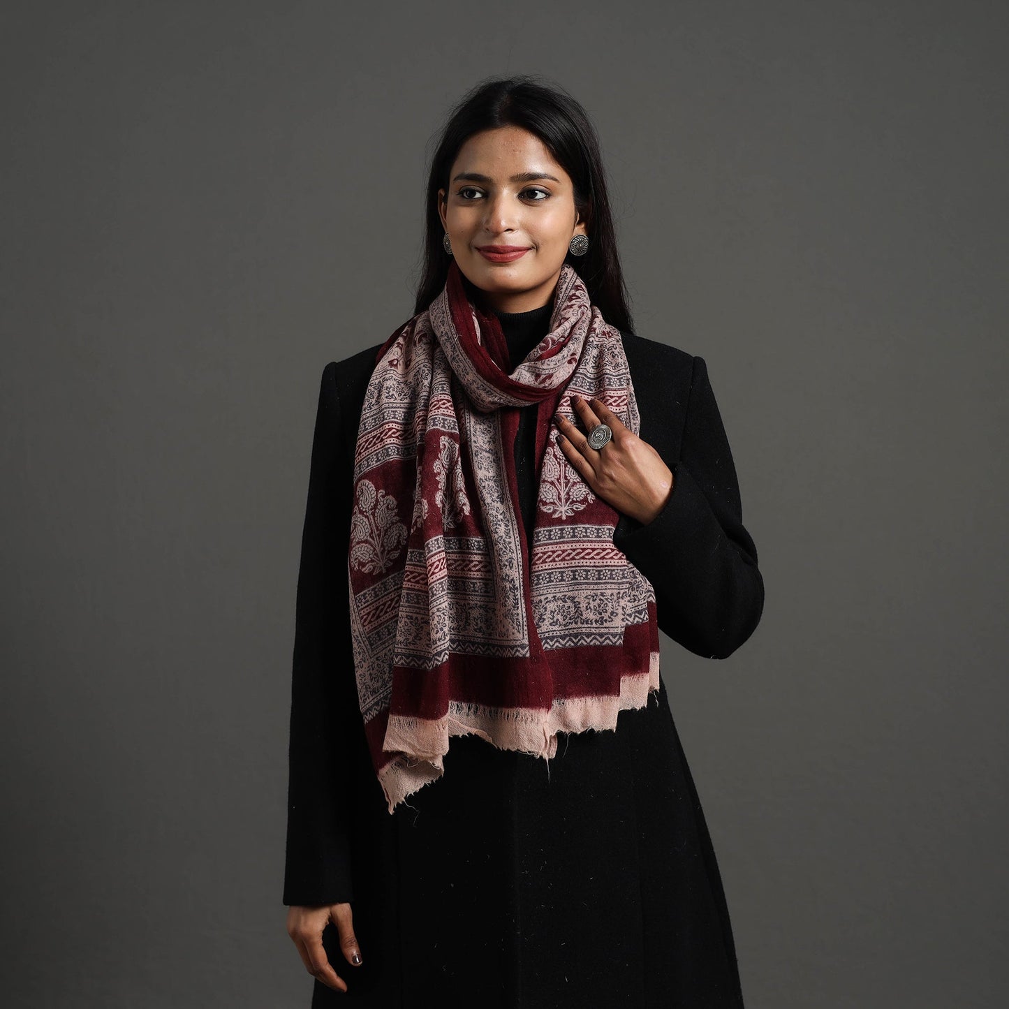 Maroon Bagh Hand Block Printed Woollen Stole