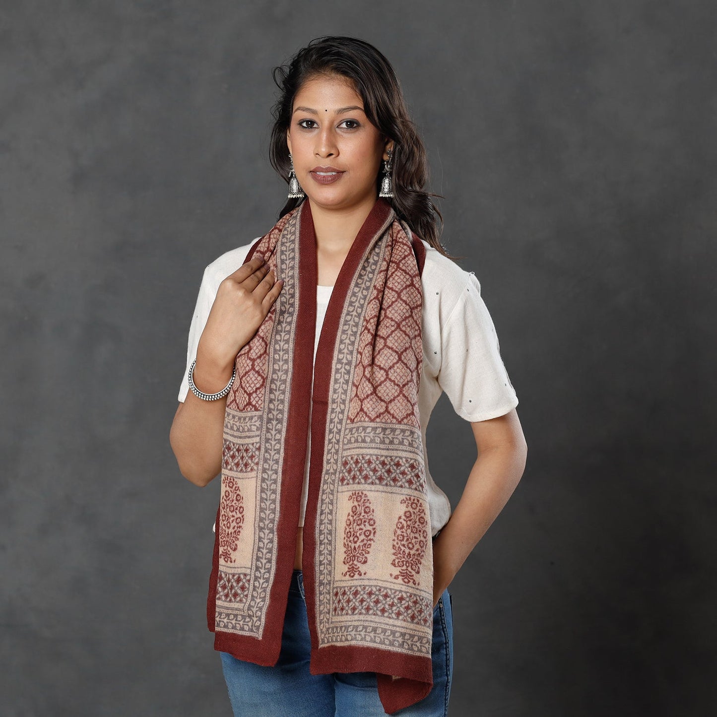 Bagh Block Printed Natural Dyed Woolen Muffler (61 in)