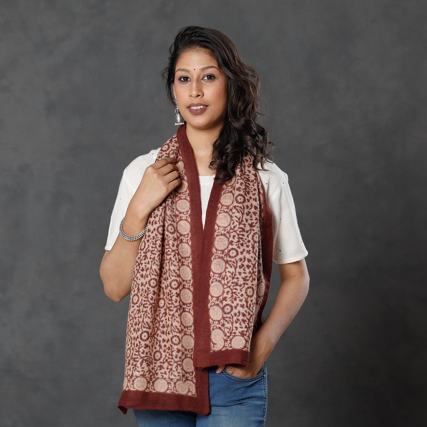 Bagh Block Printed Natural Dyed Woolen Muffler (61 in)