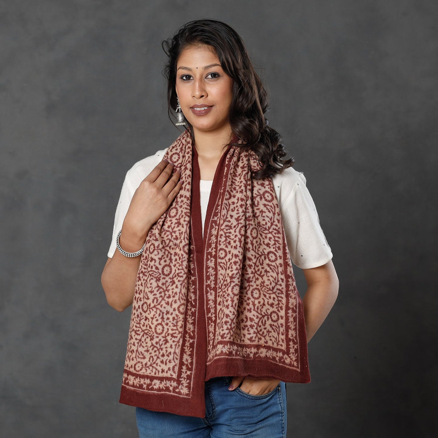 Bagh Block Printed Natural Dyed Woolen Muffler (61 in)