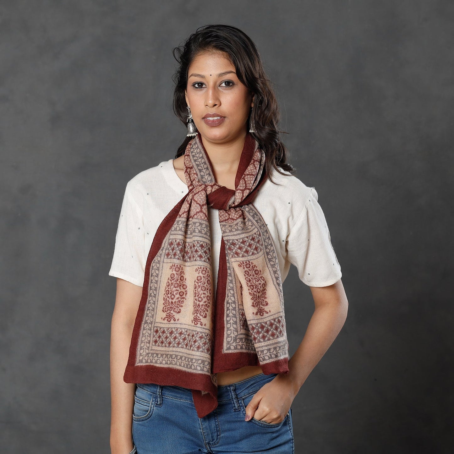 Bagh Block Printed Natural Dyed Woolen Muffler (61 in)