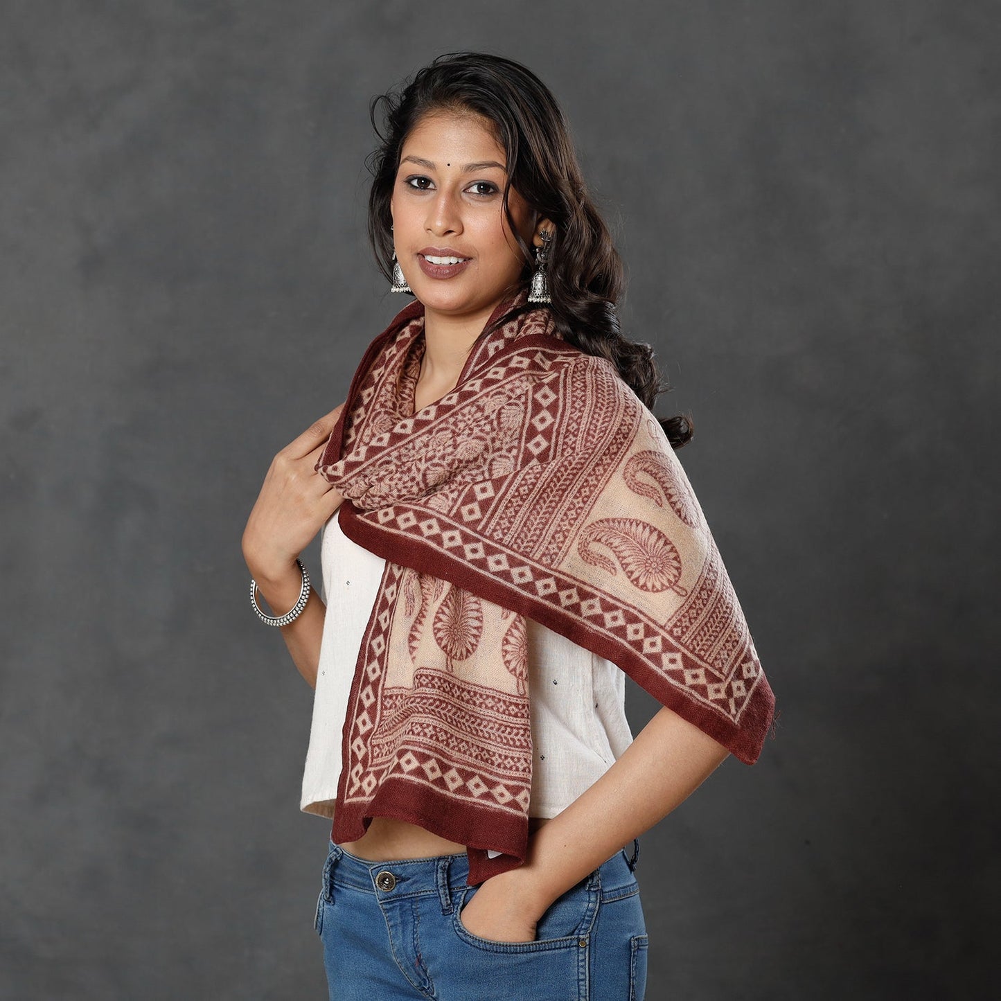 Bagh Block Printed Natural Dyed Woolen Muffler (61 in)
