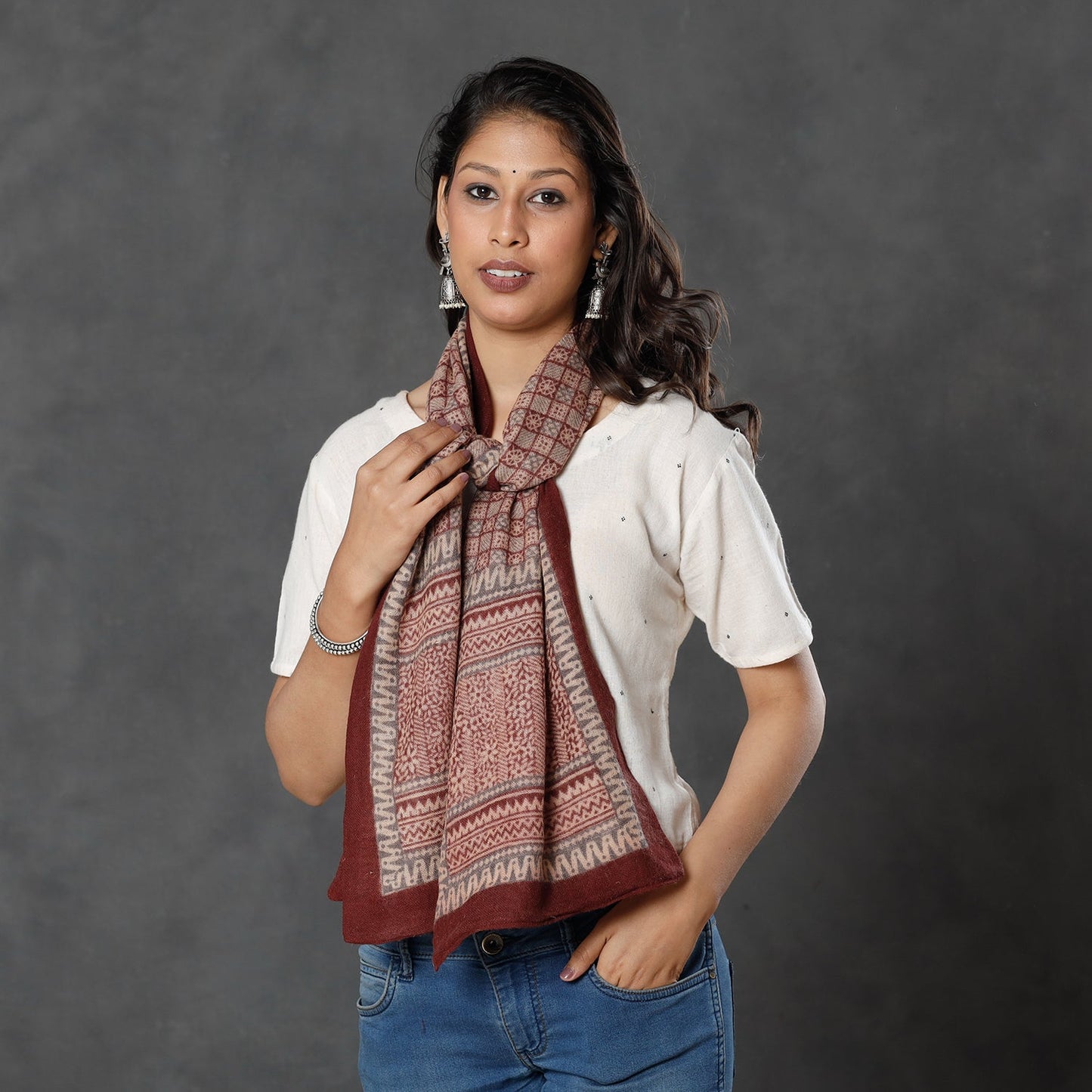 Bagh Block Printed Natural Dyed Woolen Muffler (61 in)