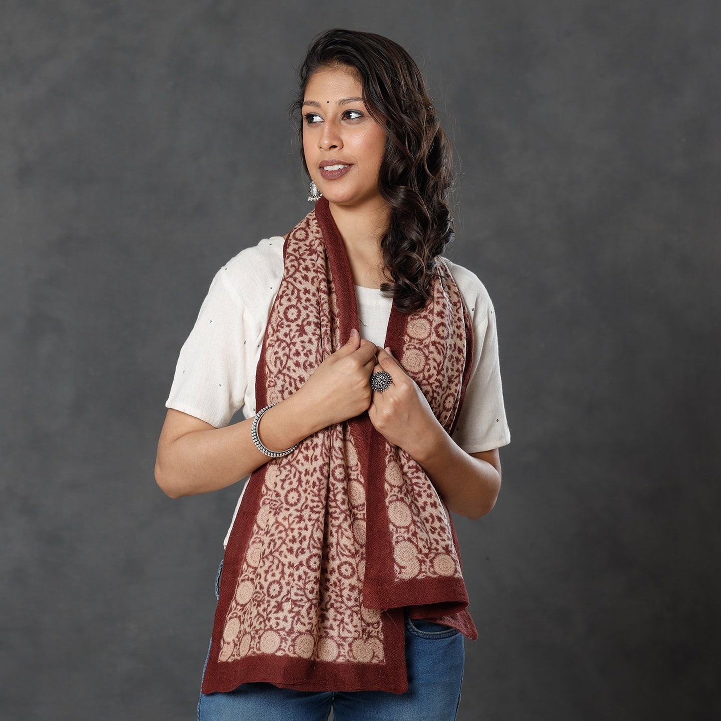 Bagh Block Printed Natural Dyed Woolen Muffler (61 in)