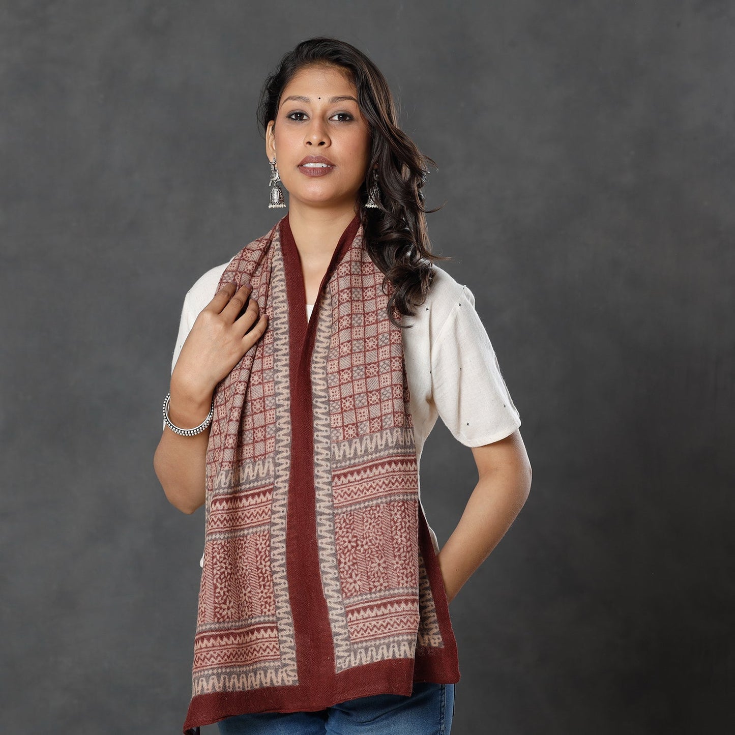 Bagh Block Printed Natural Dyed Woolen Muffler (61 in)