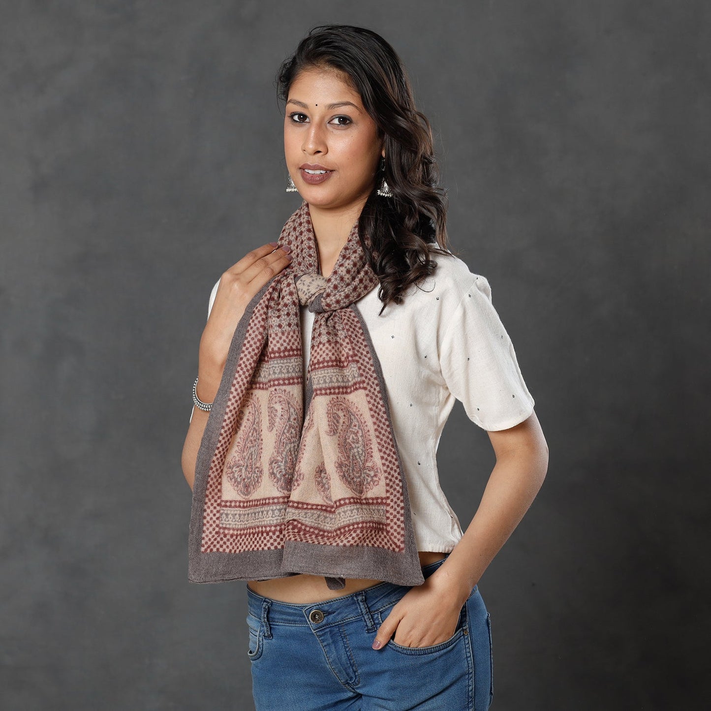 Bagh Block Printed Natural Dyed Woolen Muffler (61 in)