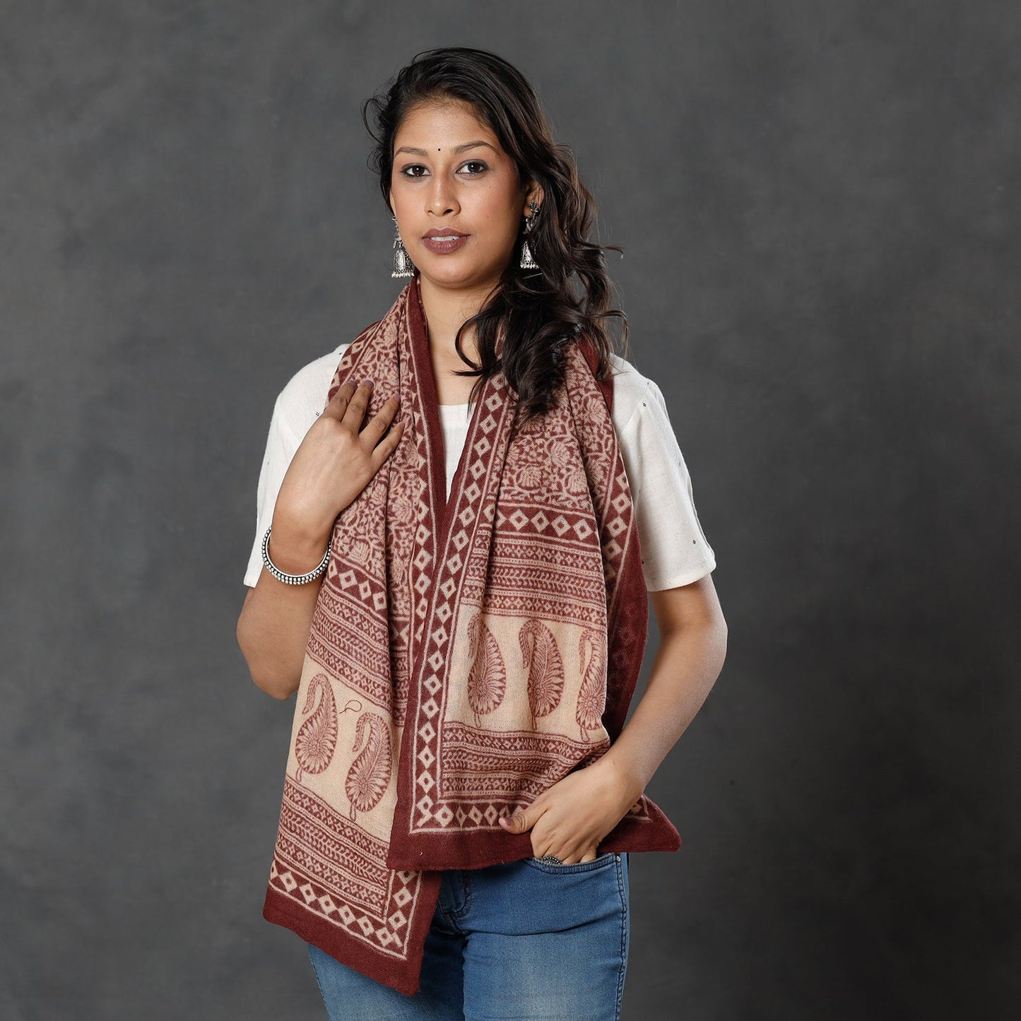 Bagh Block Printed Natural Dyed Woolen Muffler (61 in)