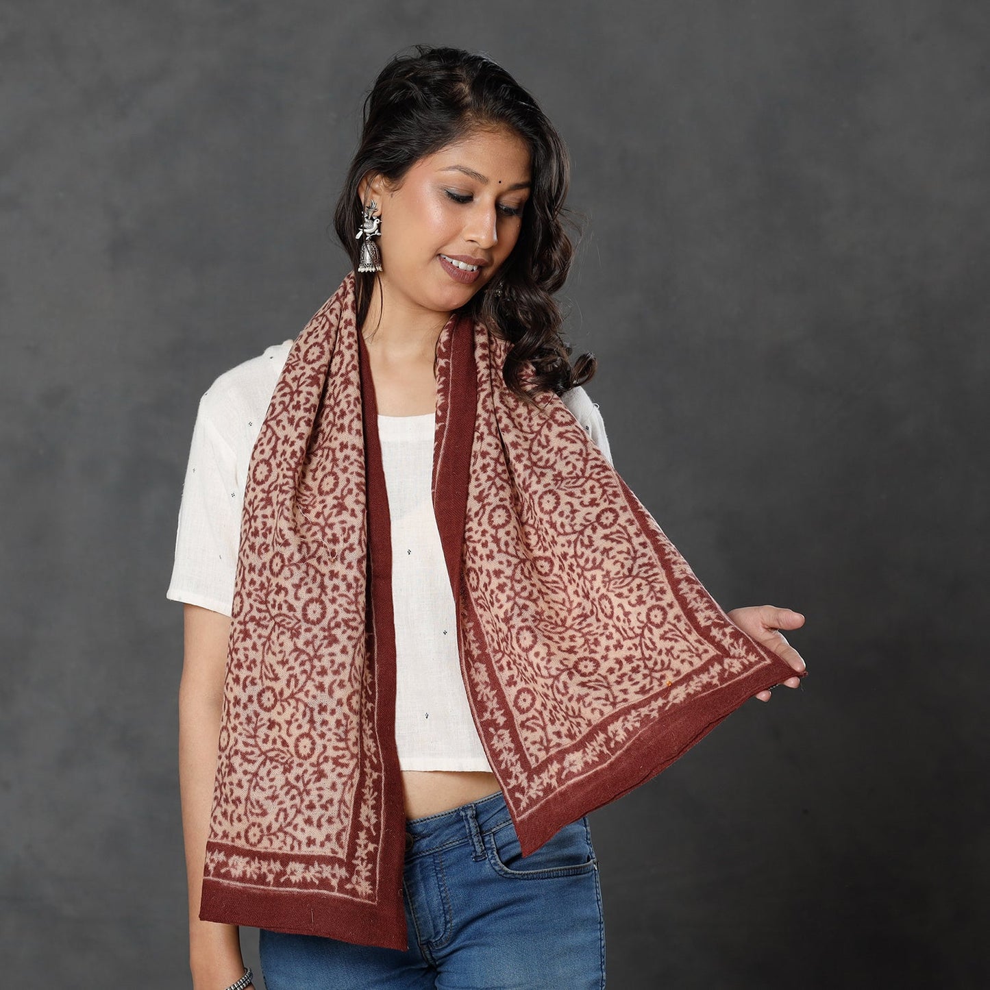 Bagh Block Printed Natural Dyed Woolen Muffler (61 in)