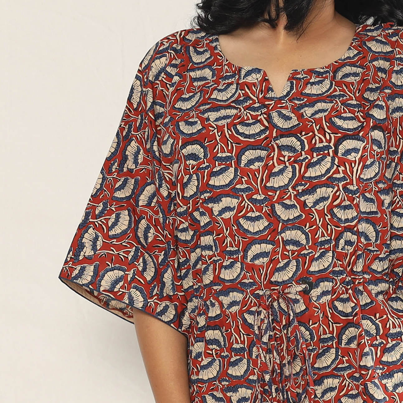 Maroon - Bagru Dabu Block Printing Cotton Kaftan Dress (Medium)