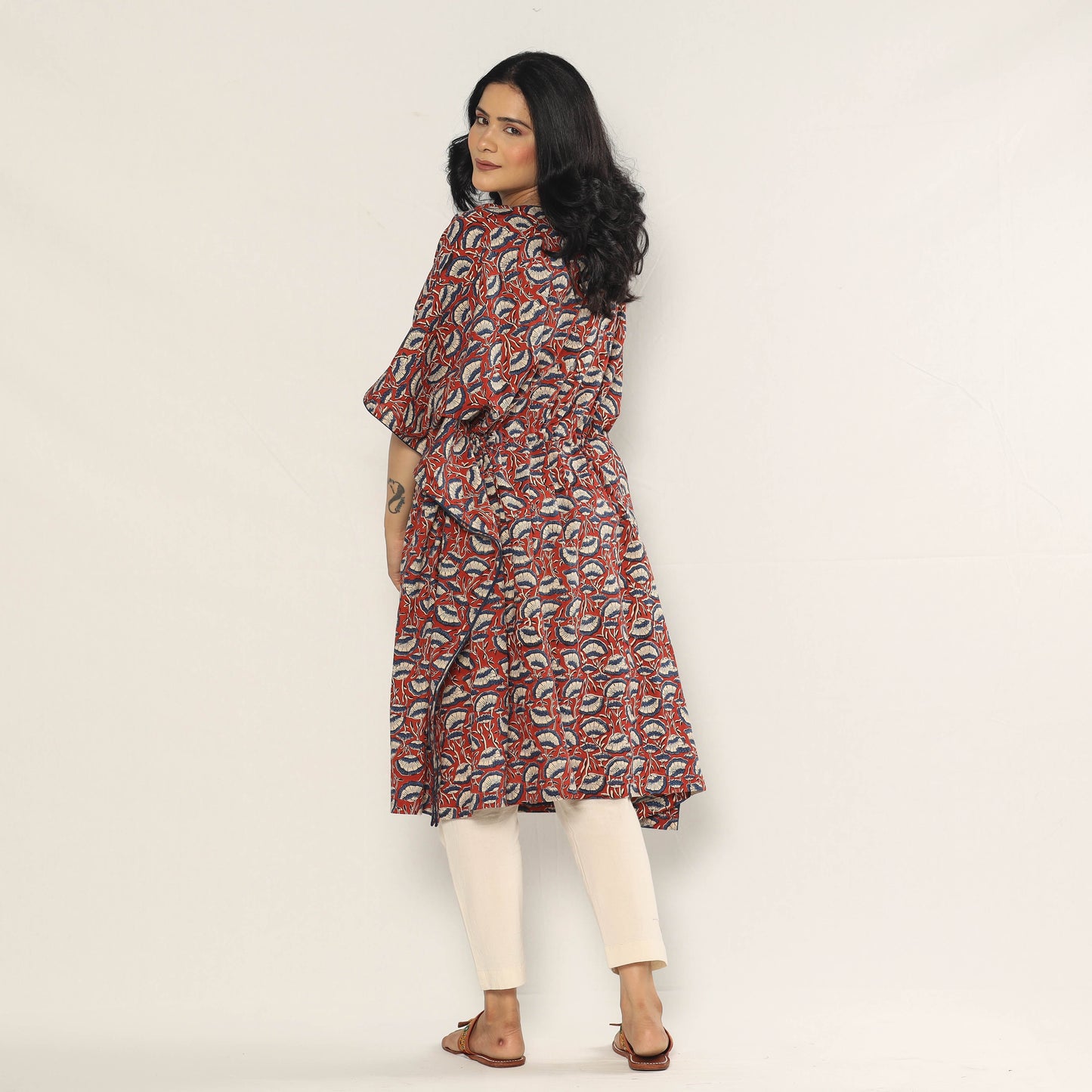 Maroon - Bagru Dabu Block Printing Cotton Kaftan Dress (Medium)
