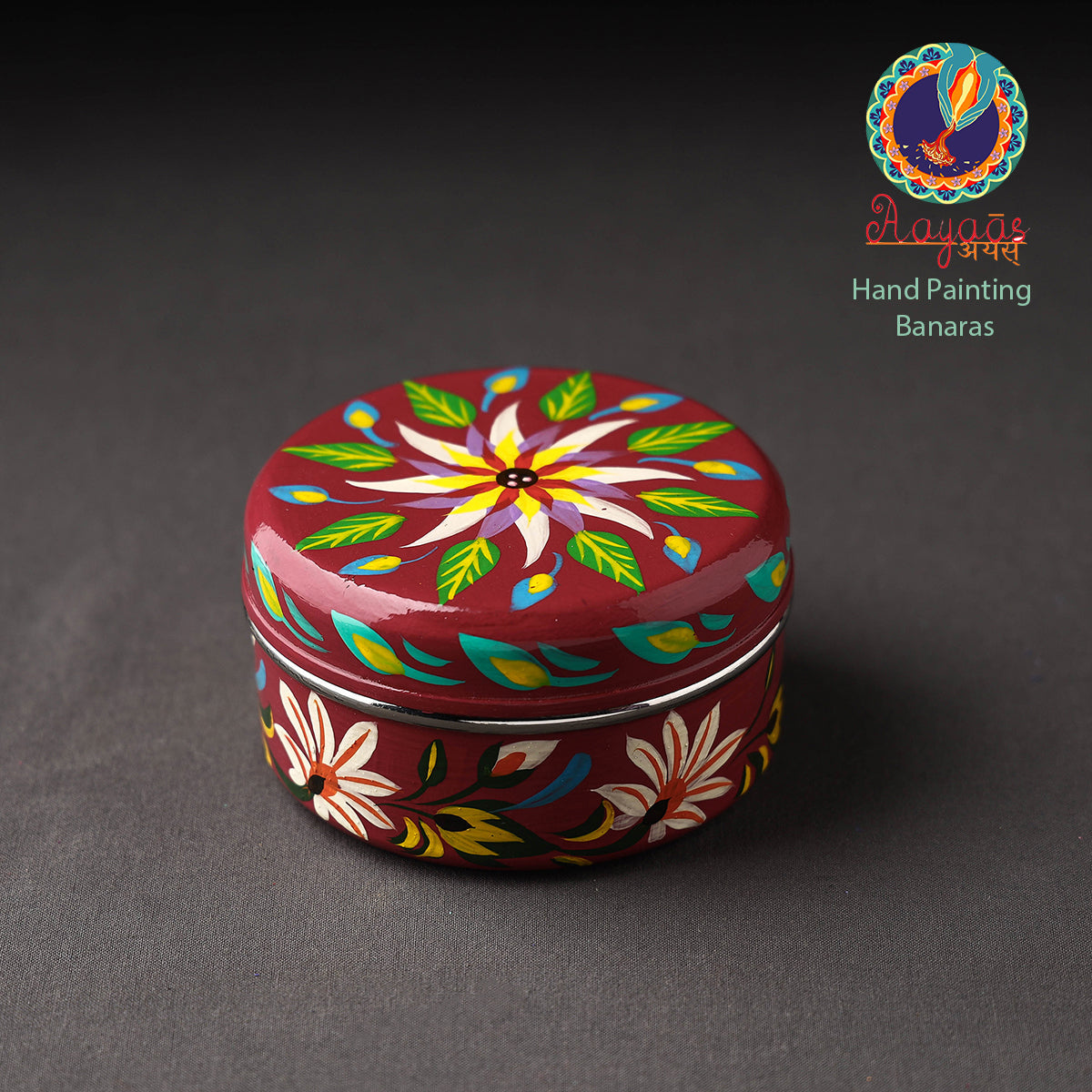 Banaras Maroon Handpainted Stainless Steel Container