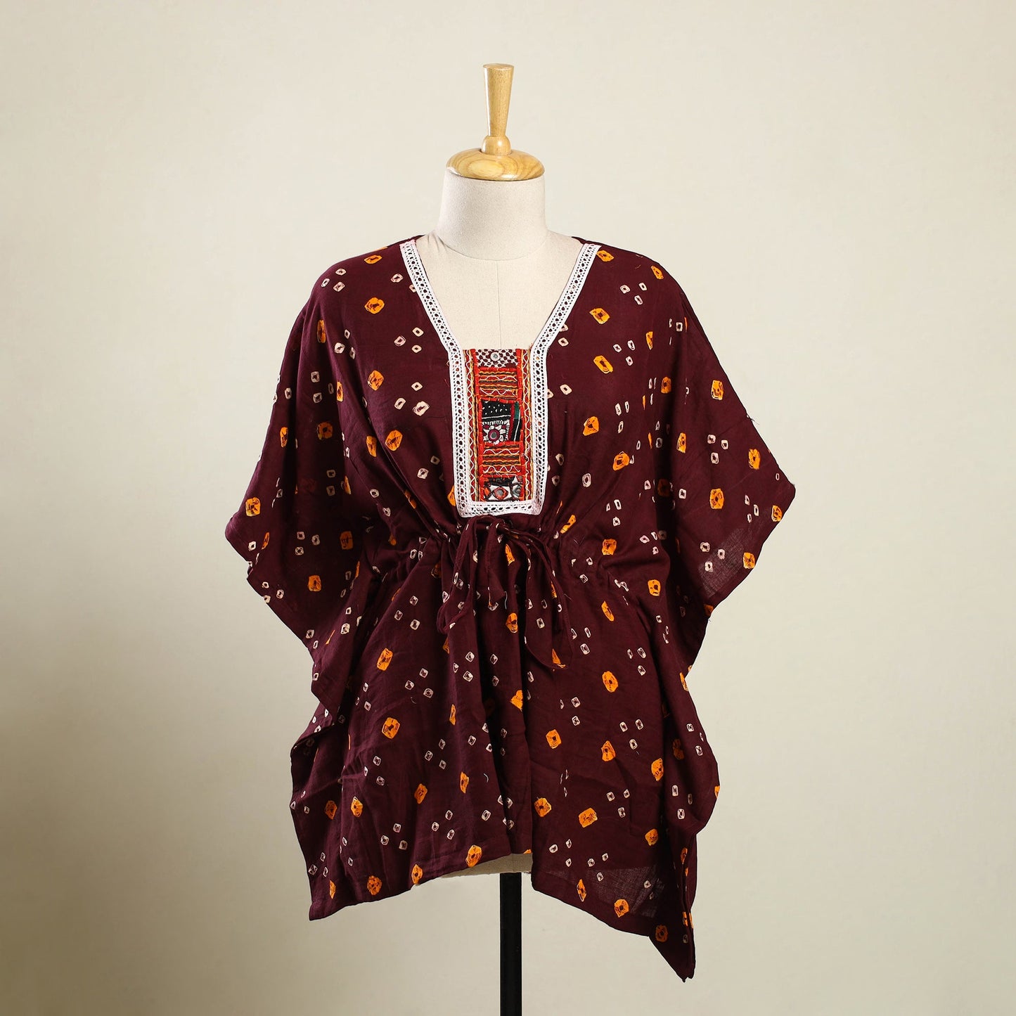 Buy Maroon Bandhani Cotton Kaftan with Desert Embroidery