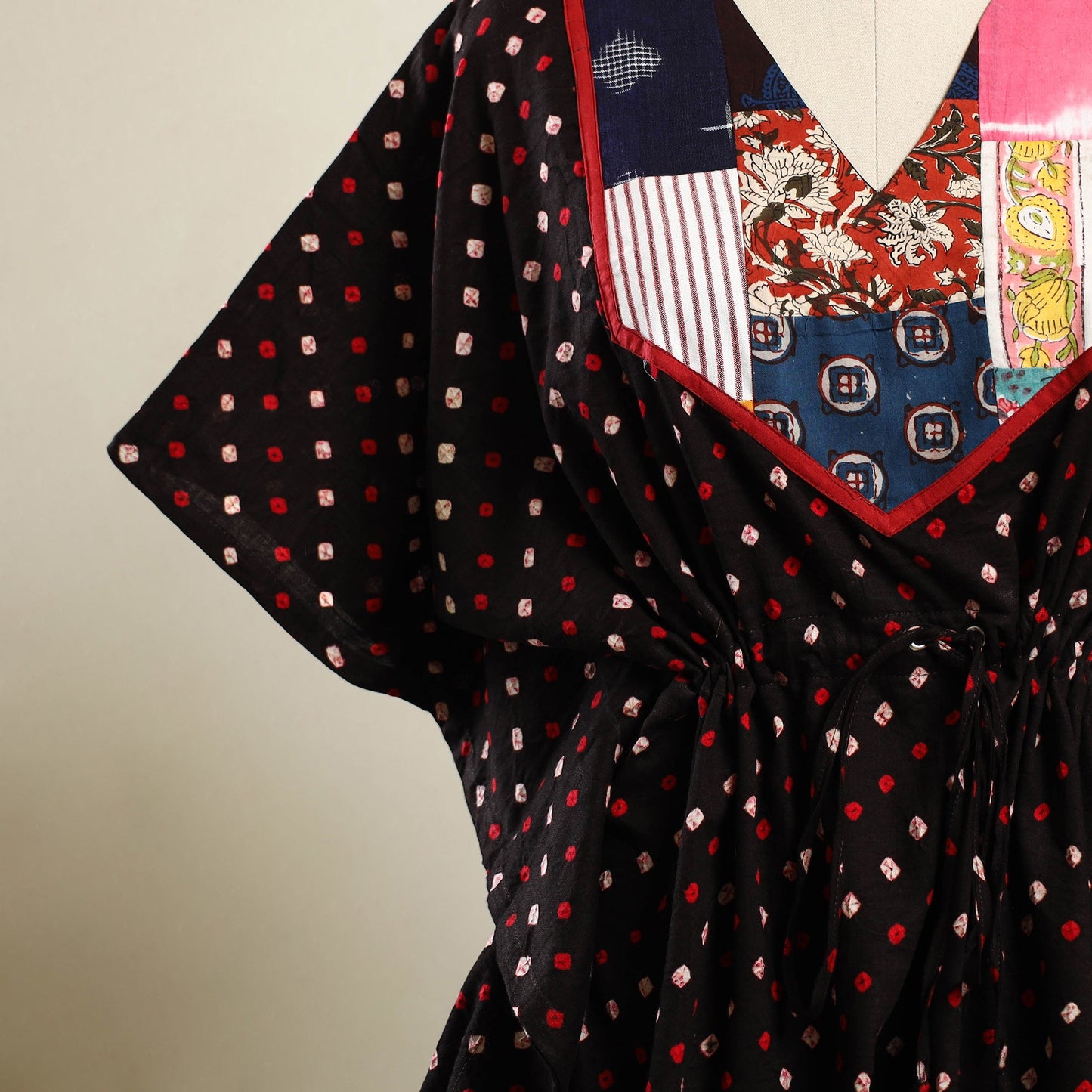 Maroon - bandhani tie-dye patchwork cotton kaftan (short)