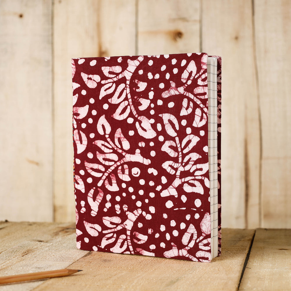 Maroon - Batik Fabric Cover Handmade Paper Notebook (9 x 7 in)