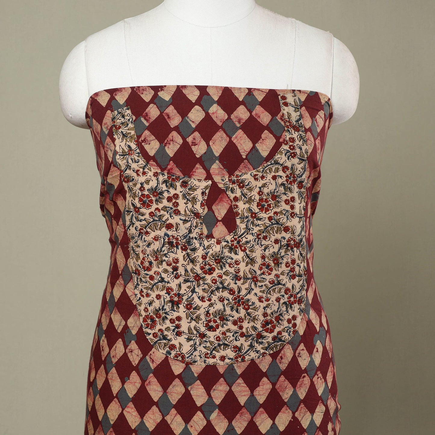 Maroon Batik Print Patchwork Cotton Kurta Material