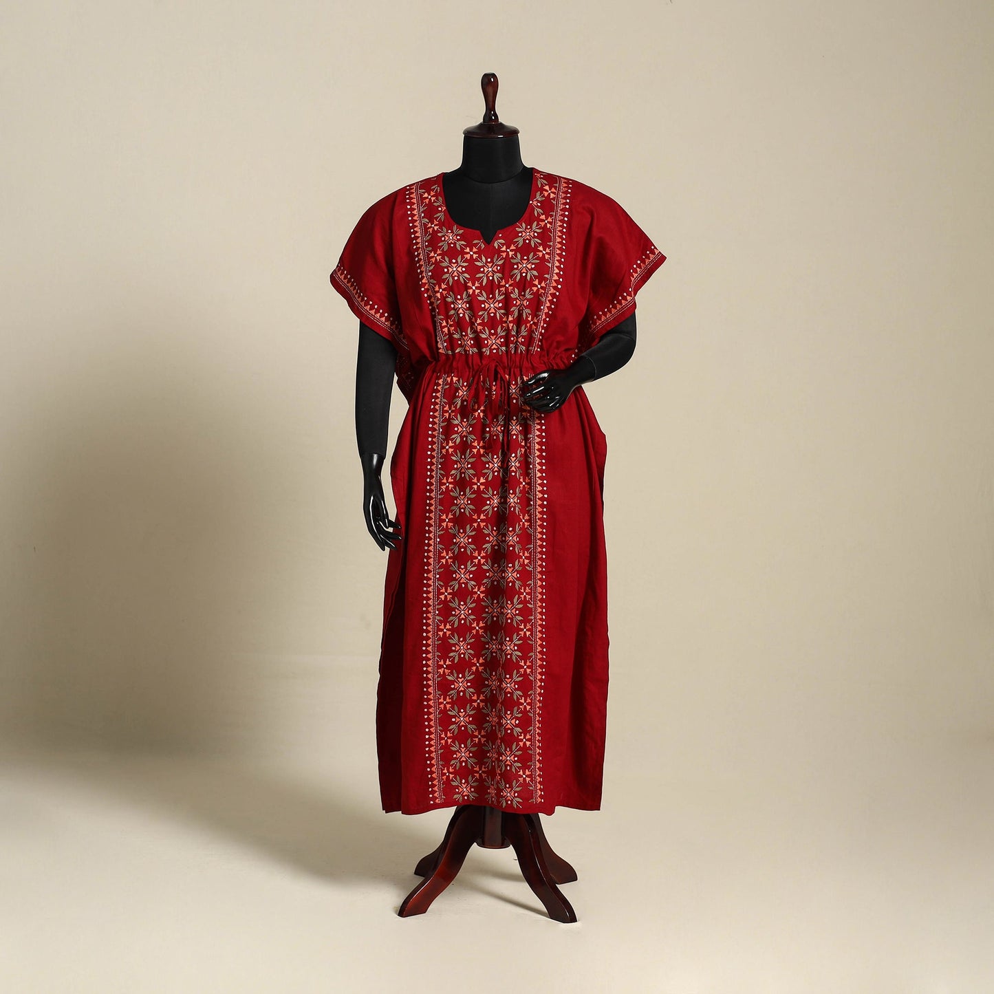 Maroon Bengal Kantha Hand Embroidery Cotton Kaftan (Long)