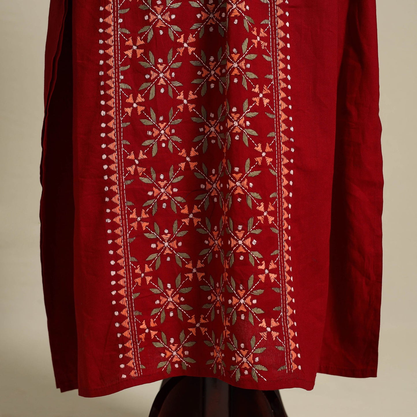 Maroon Bengal Kantha Hand Embroidery Cotton Kaftan (Long)