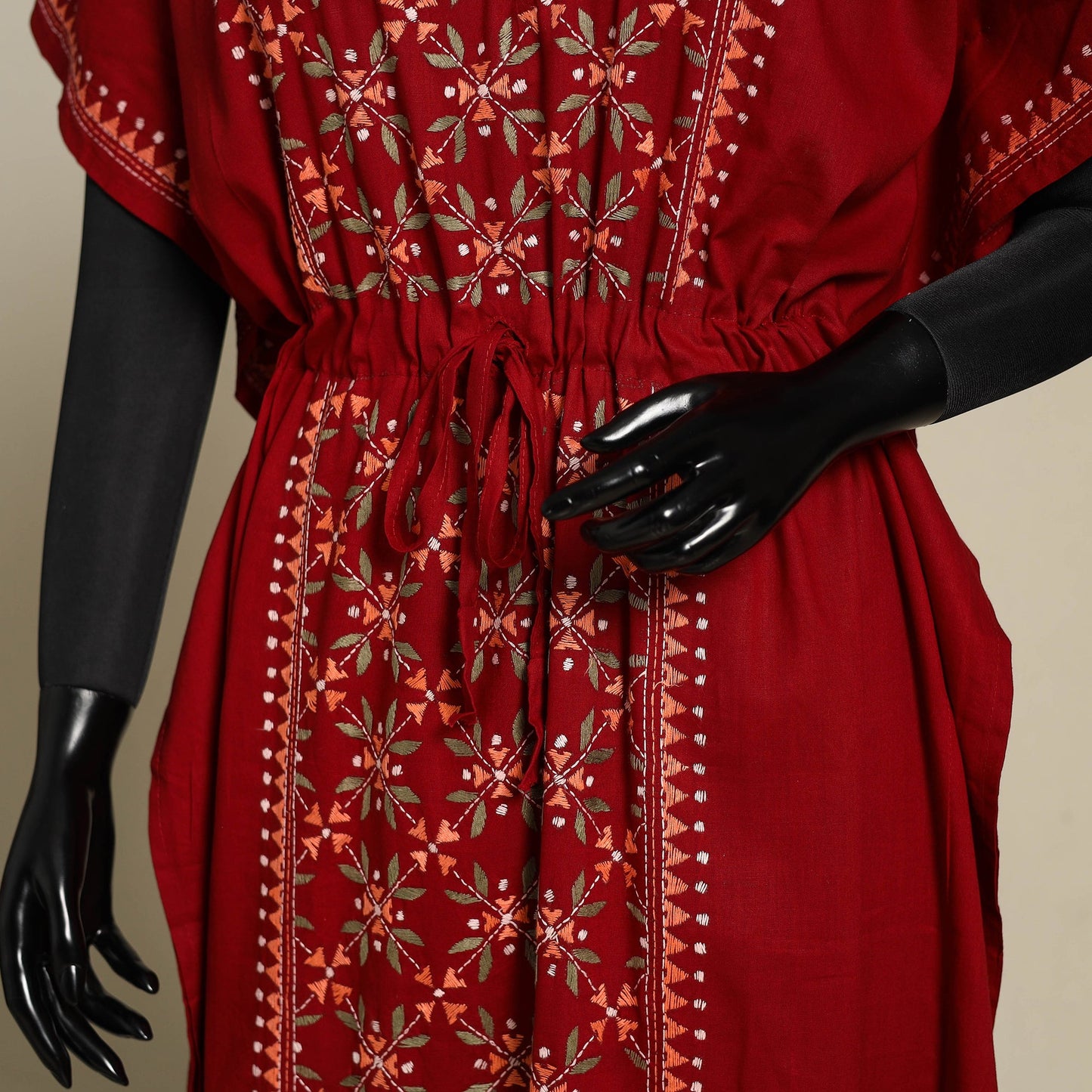 Maroon Bengal Kantha Hand Embroidery Cotton Kaftan (Long)