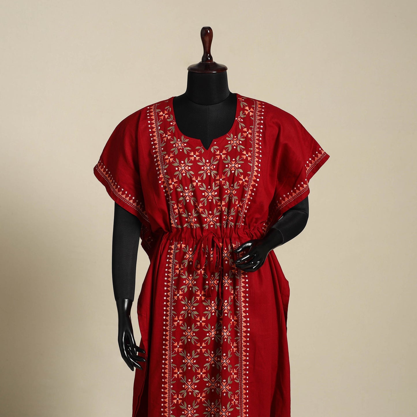 Maroon Bengal Kantha Hand Embroidery Cotton Kaftan (Long)