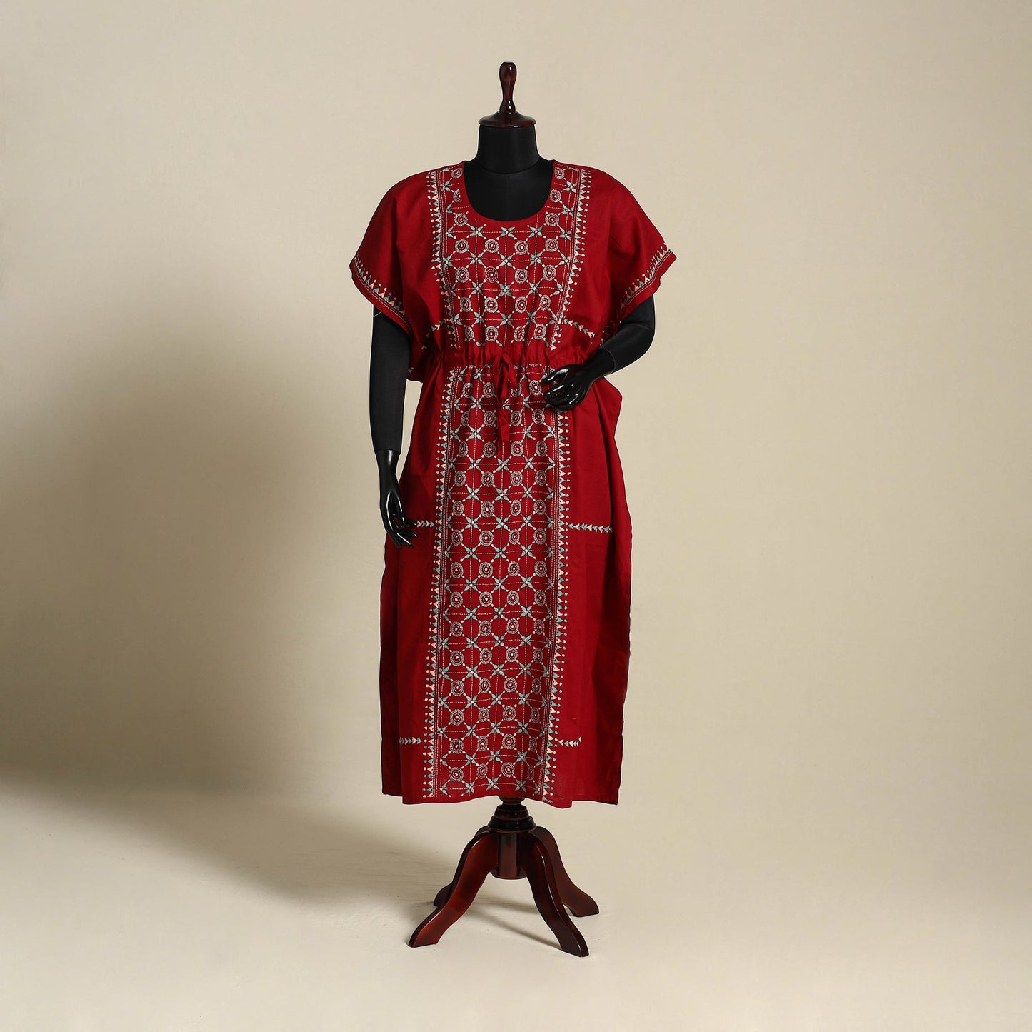 Maroon Bengal Kantha Hand Embroidery Cotton Kaftan (Long)