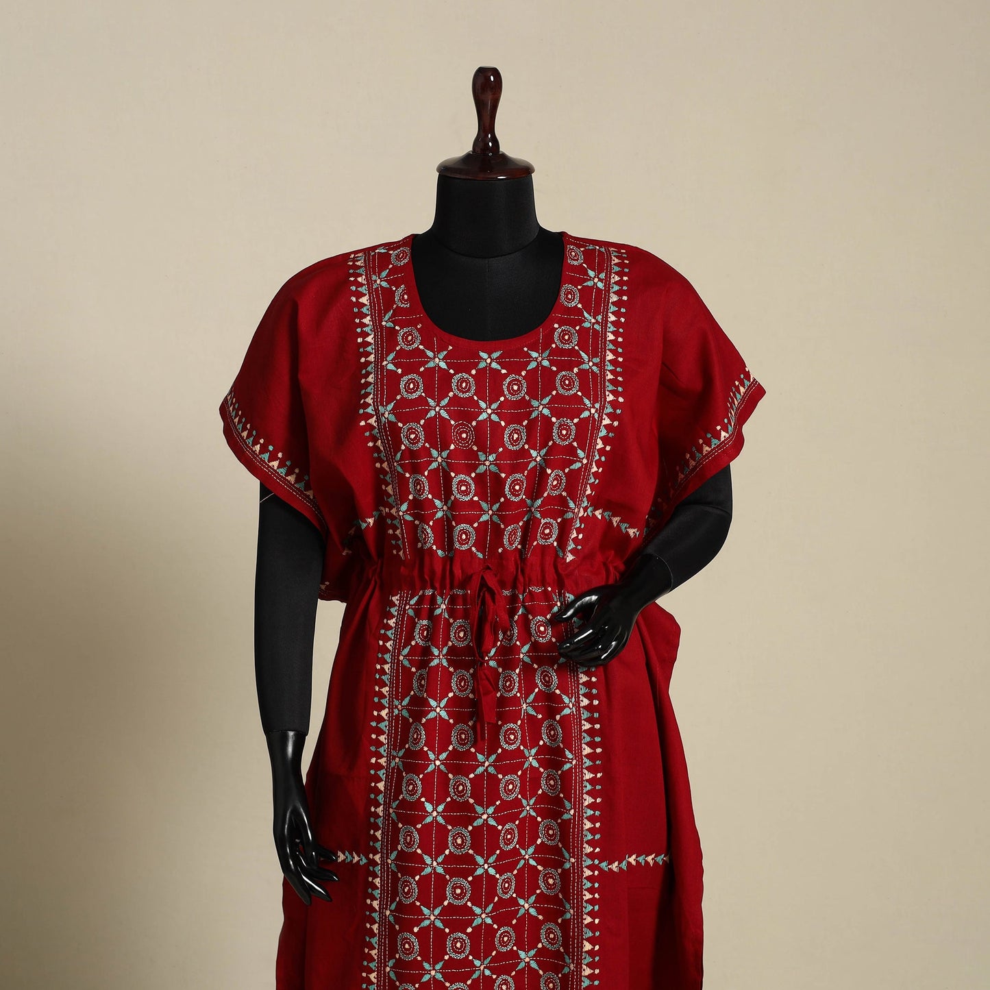 Maroon Bengal Kantha Hand Embroidery Cotton Kaftan (Long)