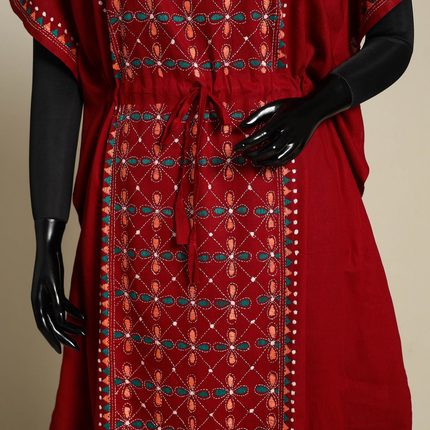 Maroon Bengal Kantha Hand Embroidery Cotton Kaftan (Long)