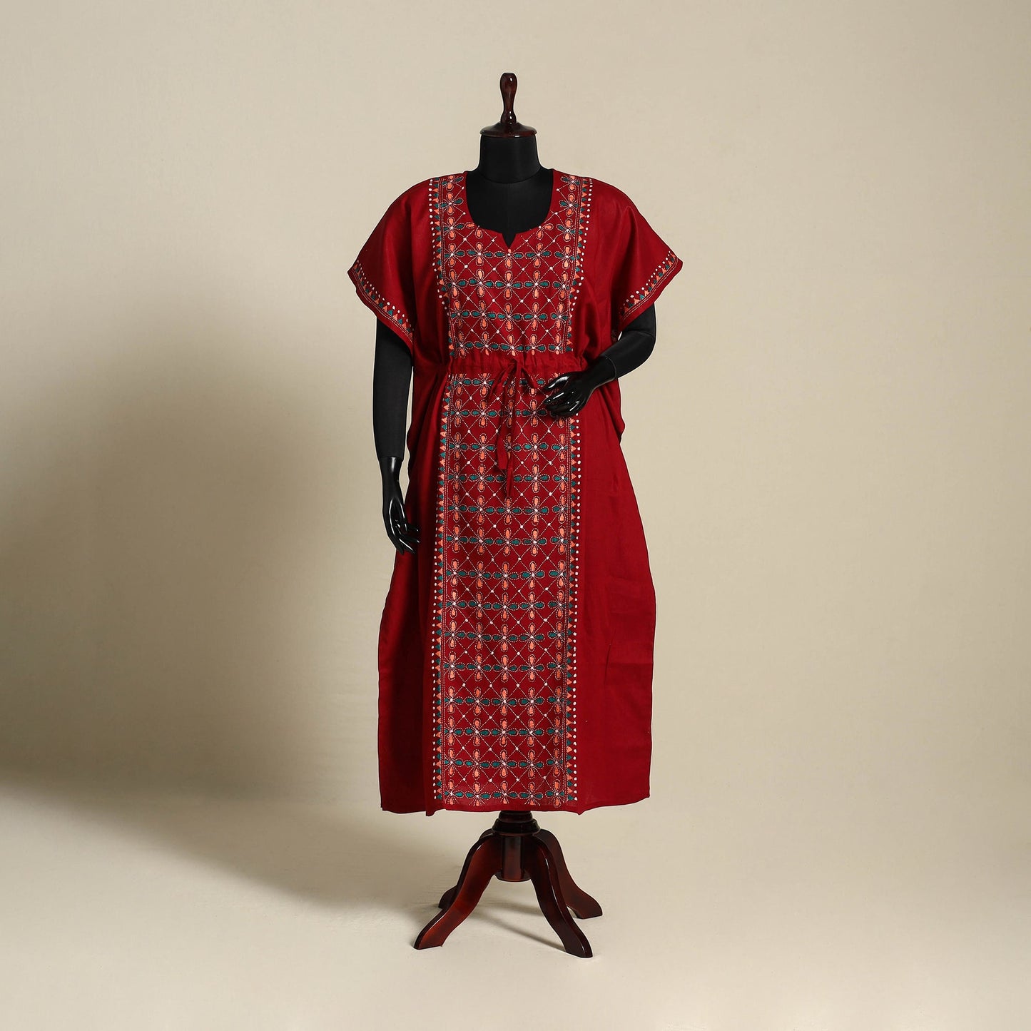 Maroon Bengal Kantha Hand Embroidery Cotton Kaftan (Long)