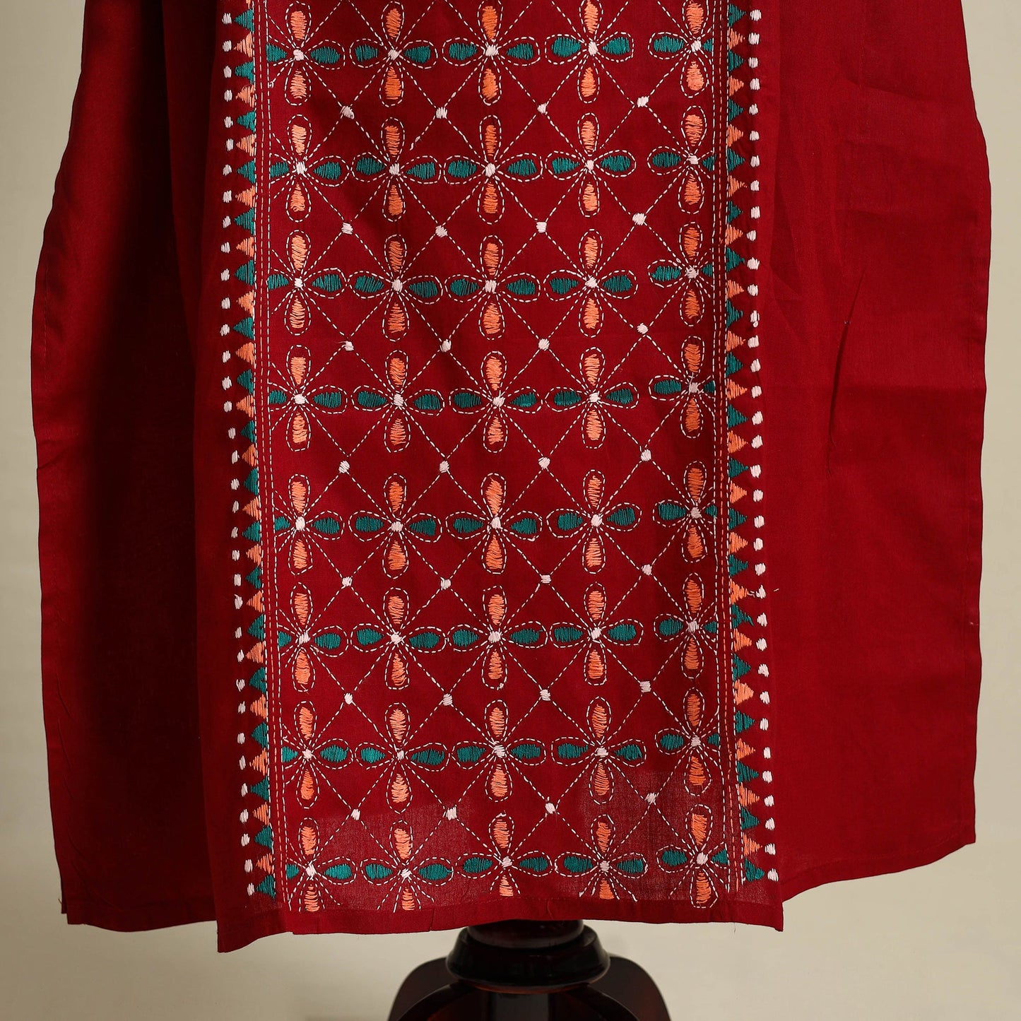 Maroon Bengal Kantha Hand Embroidery Cotton Kaftan (Long)