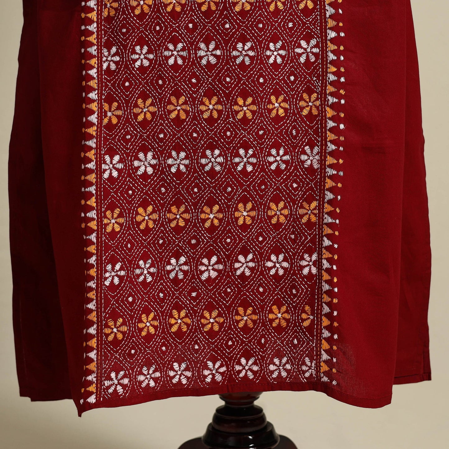 Maroon Bengal Kantha Hand Embroidery Cotton Kaftan (Long)