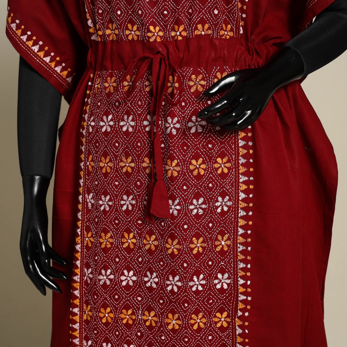 Maroon Bengal Kantha Hand Embroidery Cotton Kaftan (Long)