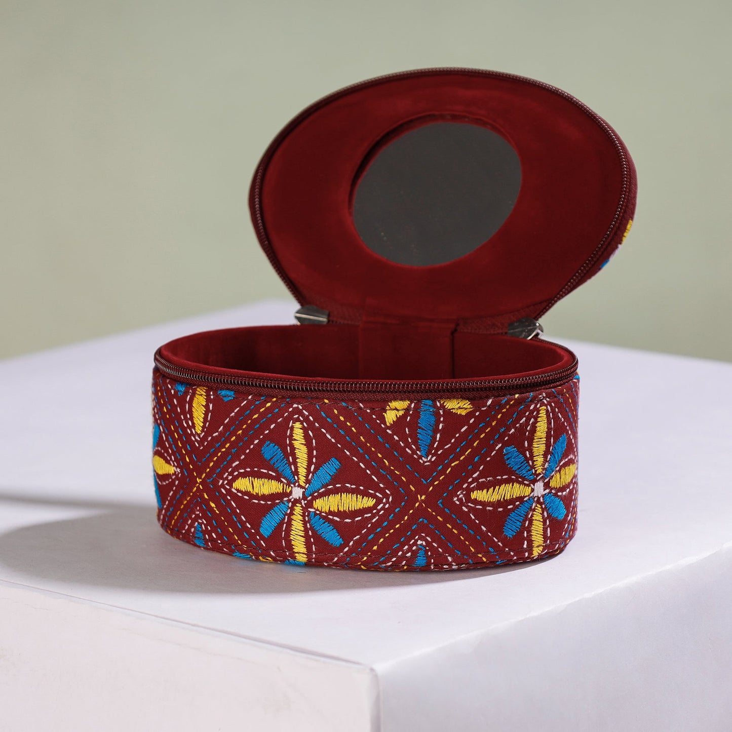 Maroon Bengal Kantha Work Handcrafted Oval Jewelry Box with Mirror