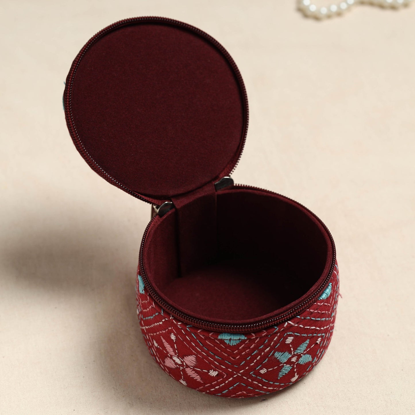 Bengal Kantha Work Handcrafted Round Maroon Utility Box