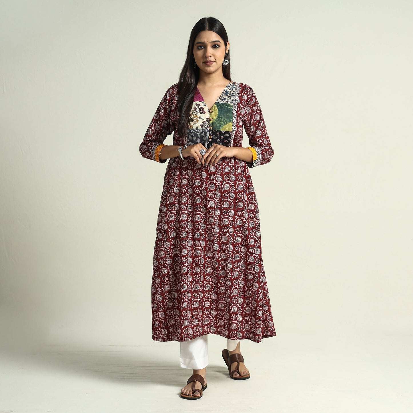 Buy Block Print Cotton Patchwork A-Line Bagh Kurta Online