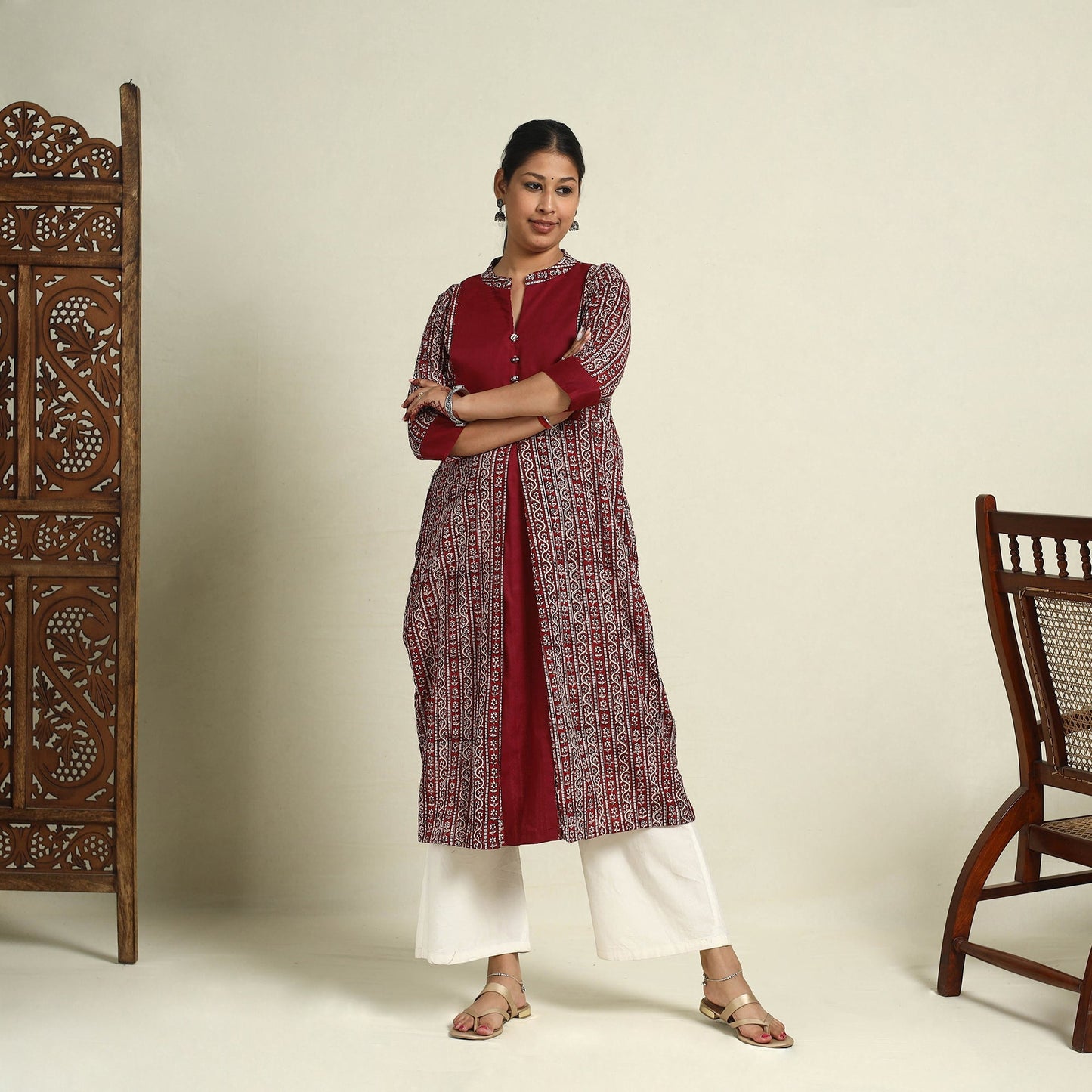 Maroon Block Print Mul Cotton A-Line Bagh Kurta for Women