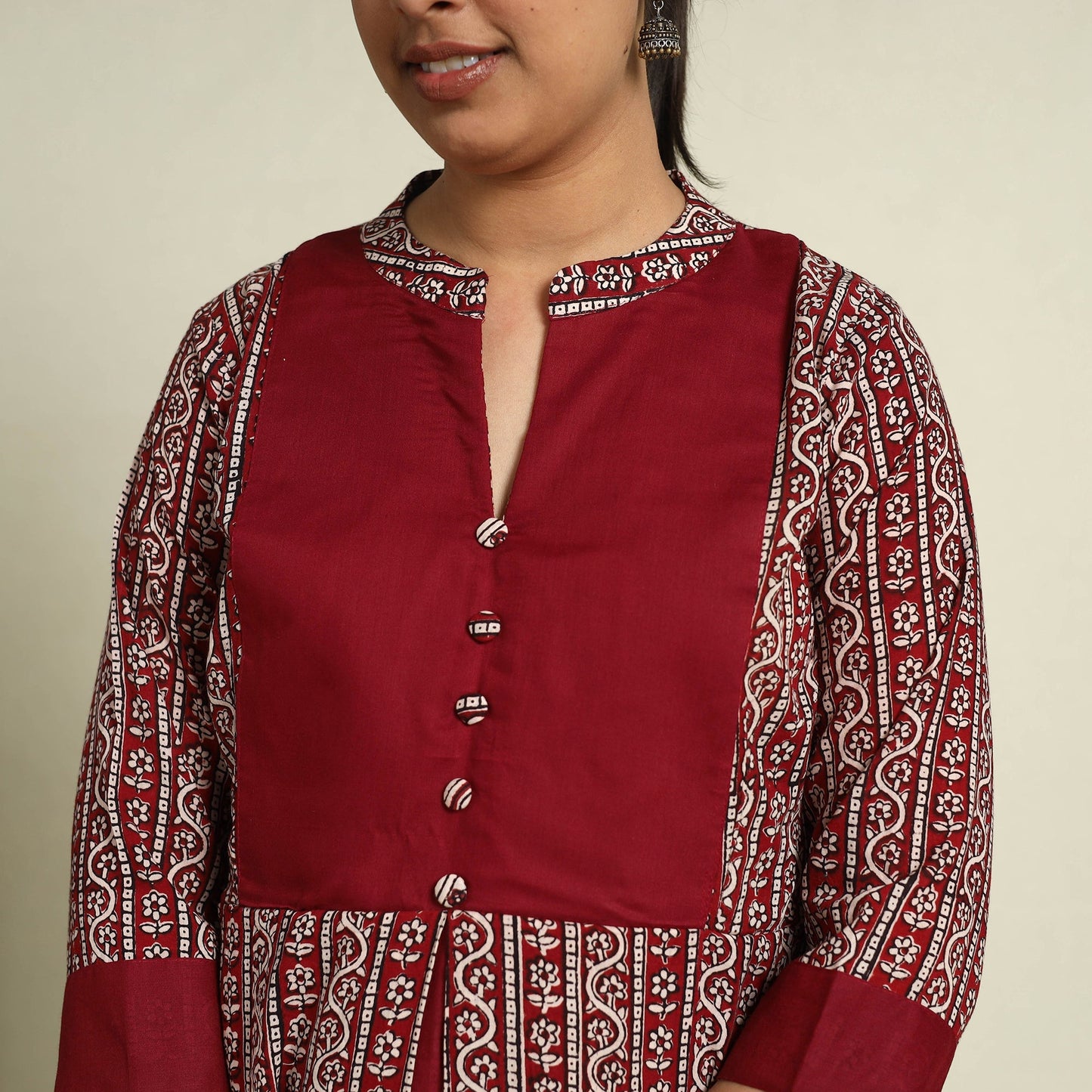 Maroon Block Print Mul Cotton A-Line Bagh Kurta for Women