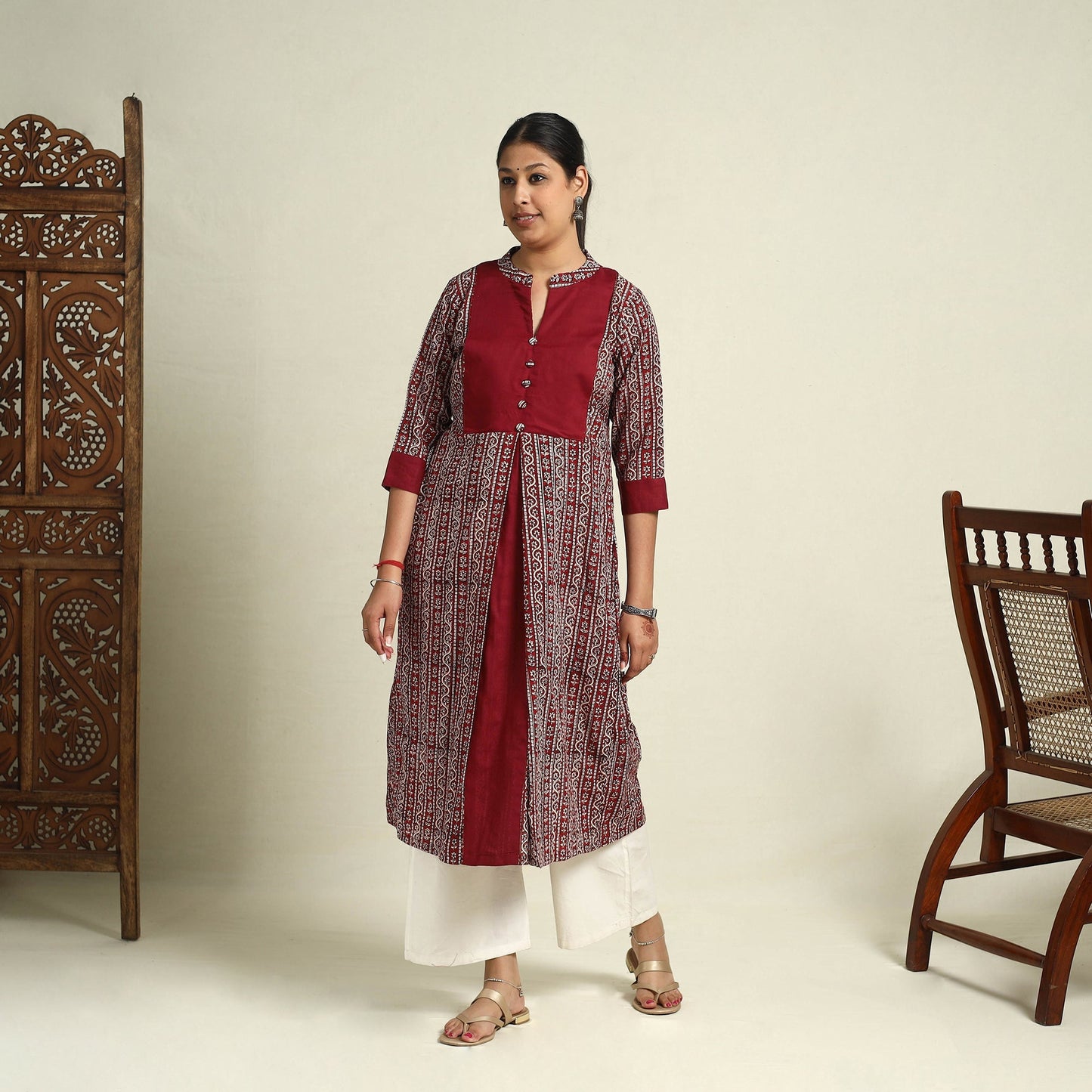 Maroon Block Print Mul Cotton A-Line Bagh Kurta for Women