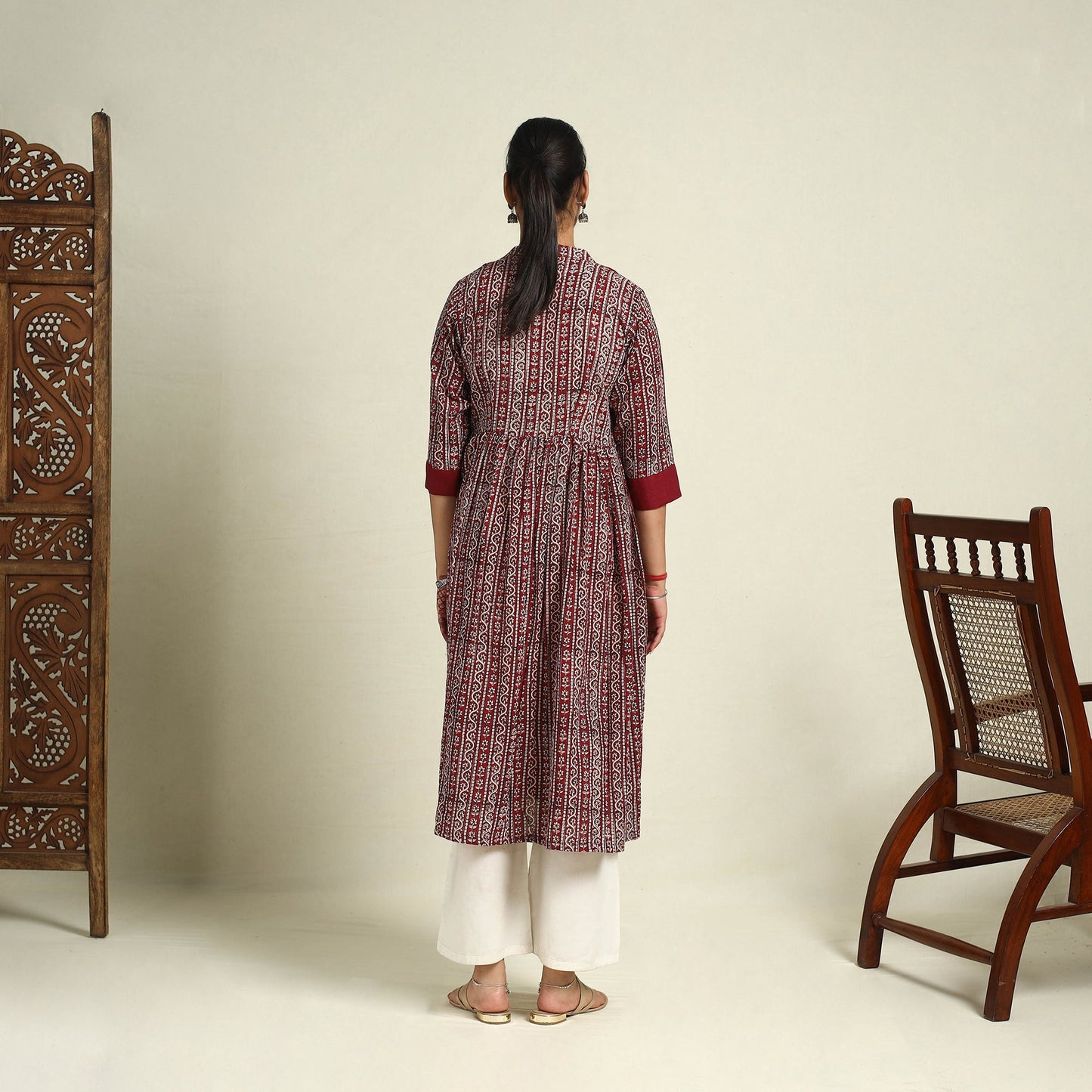 Maroon Block Print Mul Cotton A-Line Bagh Kurta for Women