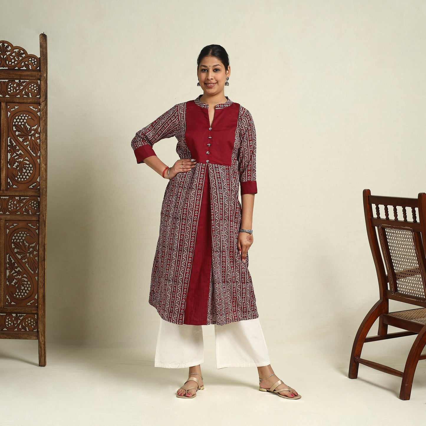 Maroon Block Print Mul Cotton A-Line Bagh Kurta for Women